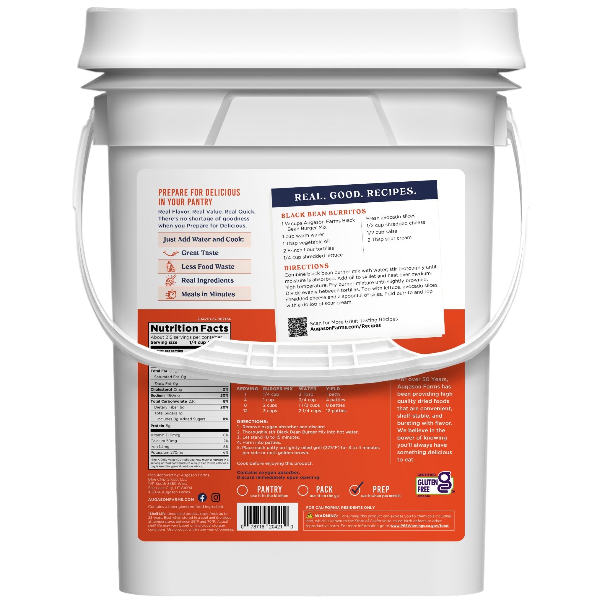 Organic Gluten-Free Black Bean Burger Mix - 4 Gallon Pail (215 Servings) | Vegan, High-Protein Plant-Based Meat Alternative for BBQ, Camping & Meal Prep