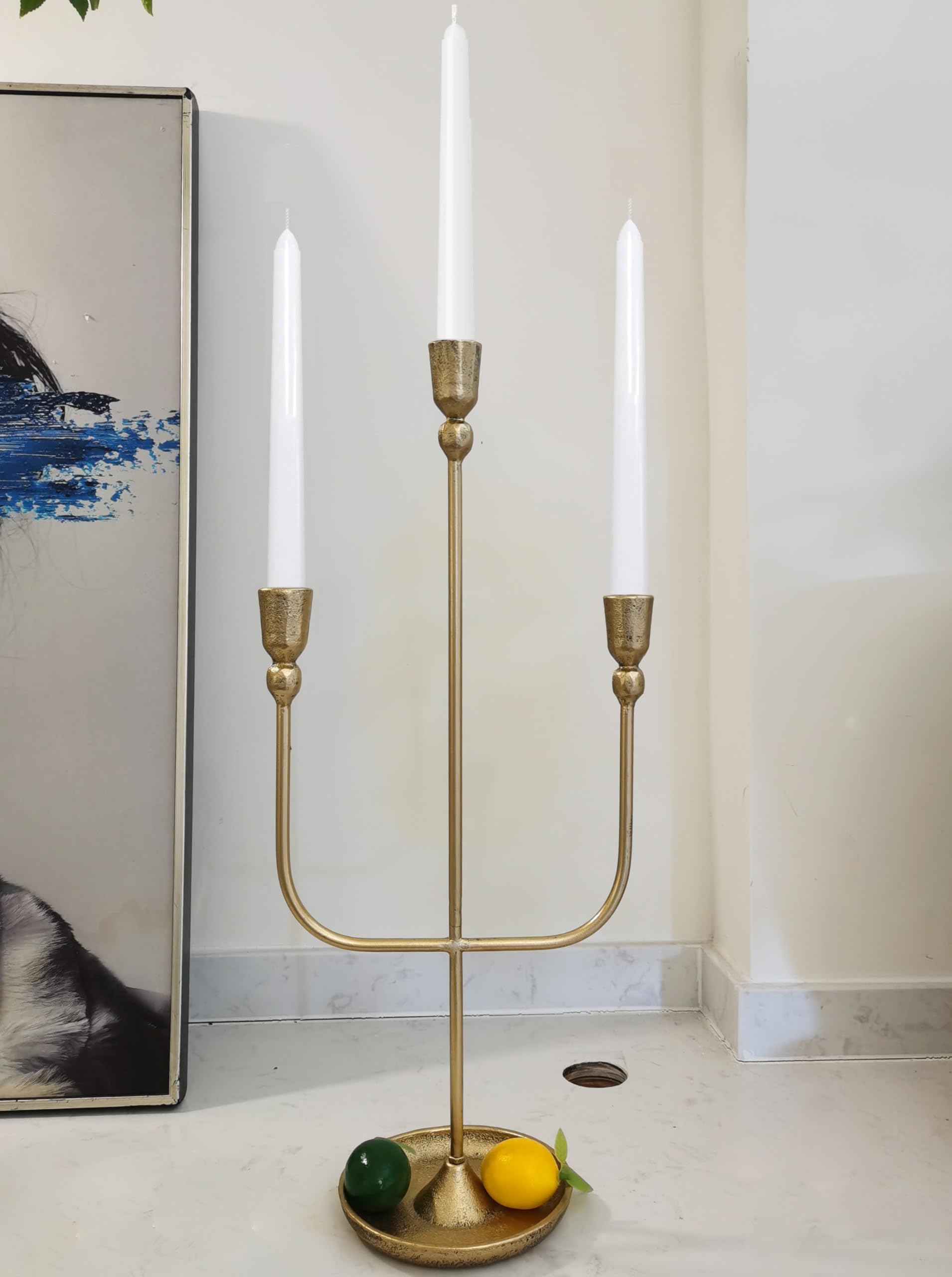3-Piece Brass Finish Metal Candelabra Set - 20.5 Inch Tall Iron Candle Holders for Wedding Centerpieces, Dining Table Decor & Romantic Home Ambiance