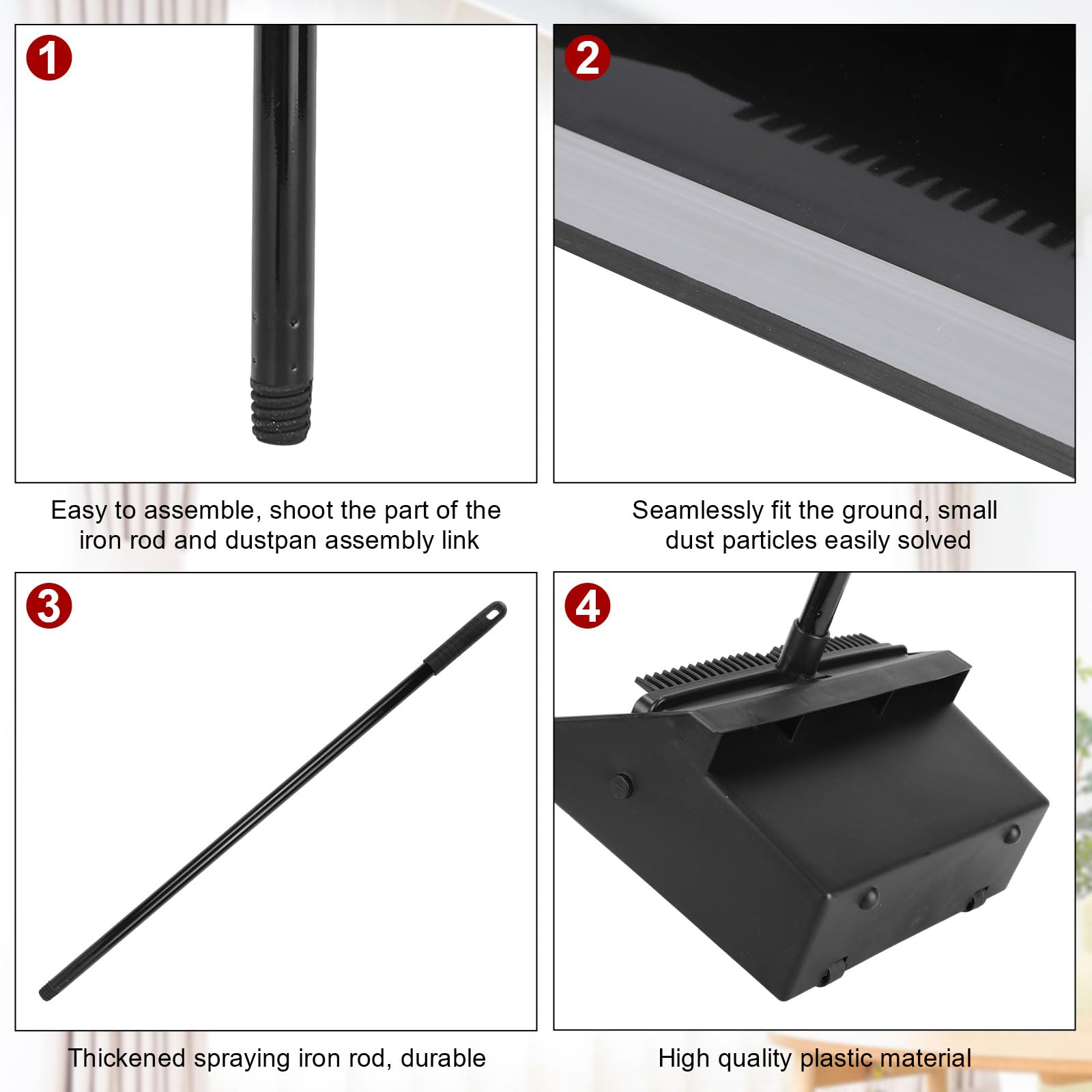 Leumoi 8-Piece Commercial Dust Pan Set - 36.6 Inch Long Handle Upright Dustpan with Serrated Edge for Wet & Dry Debris - Heavy Duty Plastic Dust Pan for Home, Office, Restaurant - Indoor & Outdoor Floor Cleaning (Black) - Perfect for Hardwood, Tile & Concrete Floors