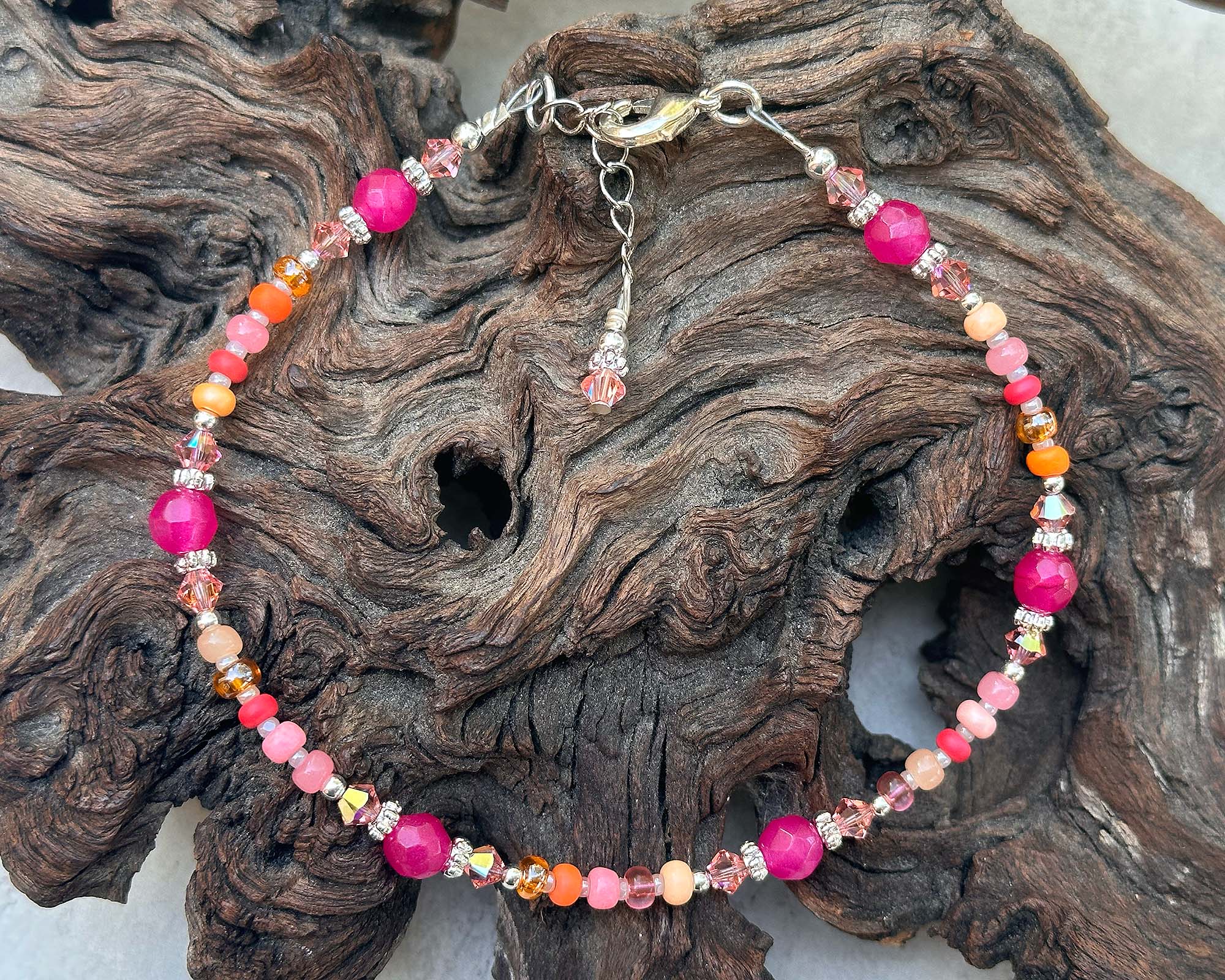 10 Hibiscus Peach Gemstone Beaded Anklet - Handmade Boho Ankle Bracelet for Women, Summer Beach Jewelry Gift for Her, Perfect for Vacations & Music Festivals