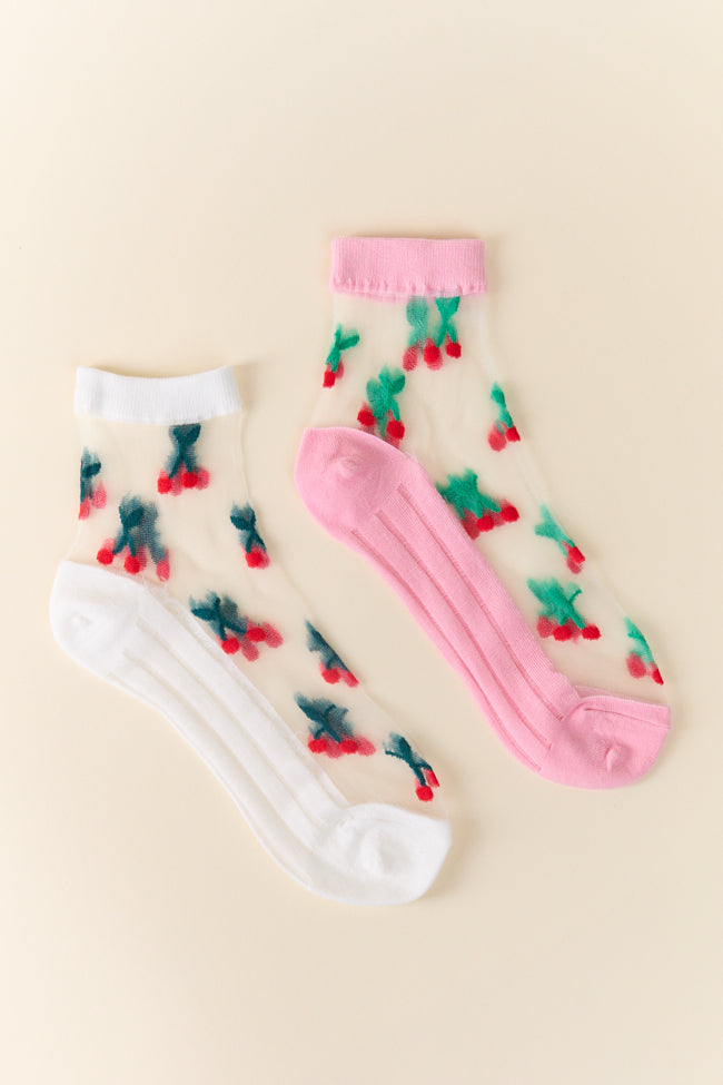 Sheer White Cherry Print Ankle Socks for Women - Breathable & Comfortable - Perfect for Casual Wear, Gifts, and Everyday Fashion