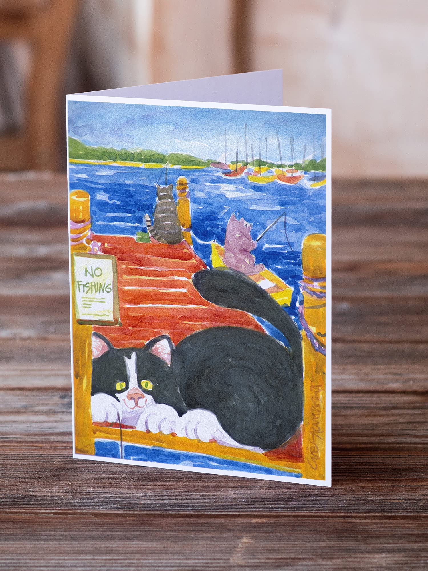 Caroline's Treasures 6001GCA7P Whimsical Cat Fishing from Dock Blank Greeting Cards - Pack of 8 A7 Size 5x7 Note Cards with Envelopes | Perfect for Birthday Wishes, Thank You Notes & Everyday Correspondence