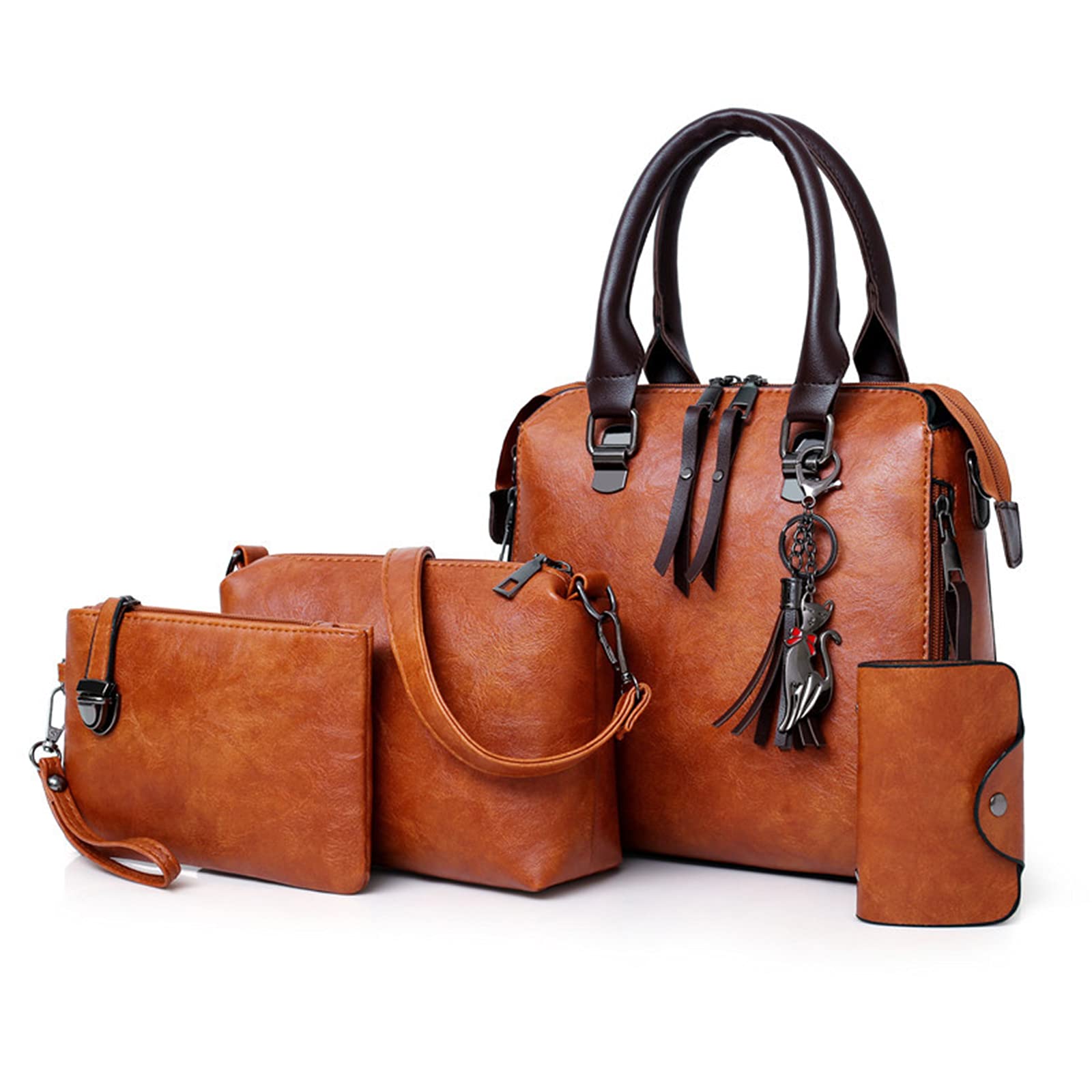 PORRASSO Women's Vintage PU Leather Shoulder Bag Set - 4Pcs Crossbody Purse & Clutch for School, Work, Travel (Brown) | Perfect for Office, College, Shopping & Daily Essentials
