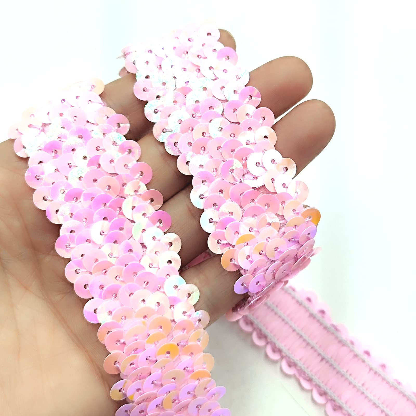 2 Yards Pink Elastic Sequin Ribbon Trim - Glitter Metallic Stretch Flat Sequin Lace for Sewing, Dress Costume, Wedding Party Decorations - DIY Craft Supplies (30mm Wide) - Perfect for DIY Projects, Costume Accessories, and Gift Wrapping