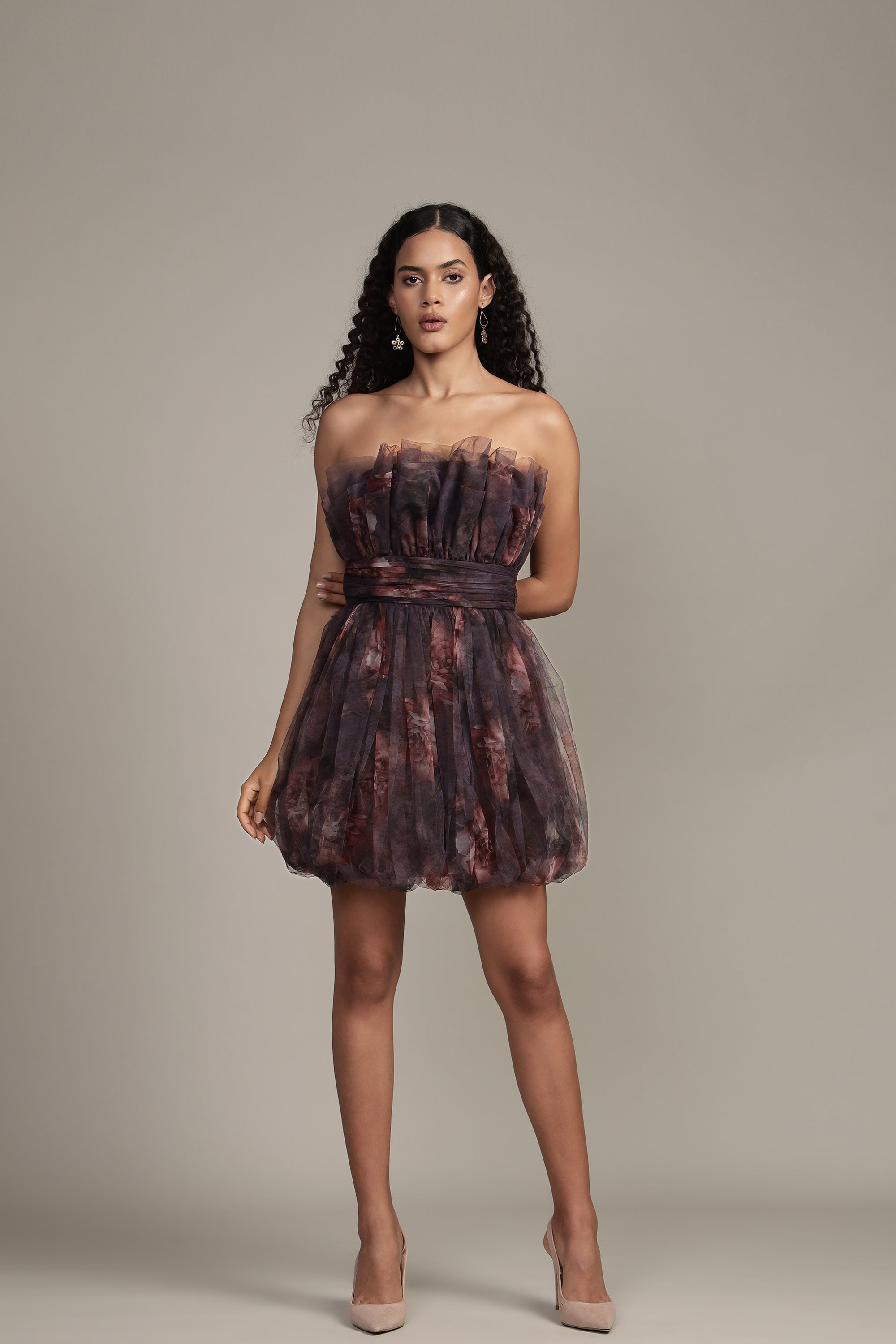 Nanita Mini Dress with Balloon Hem in Plum Floral Print - Elegant Summer Party Dress for Women, Perfect for Weddings, Dates & Cocktail Events
