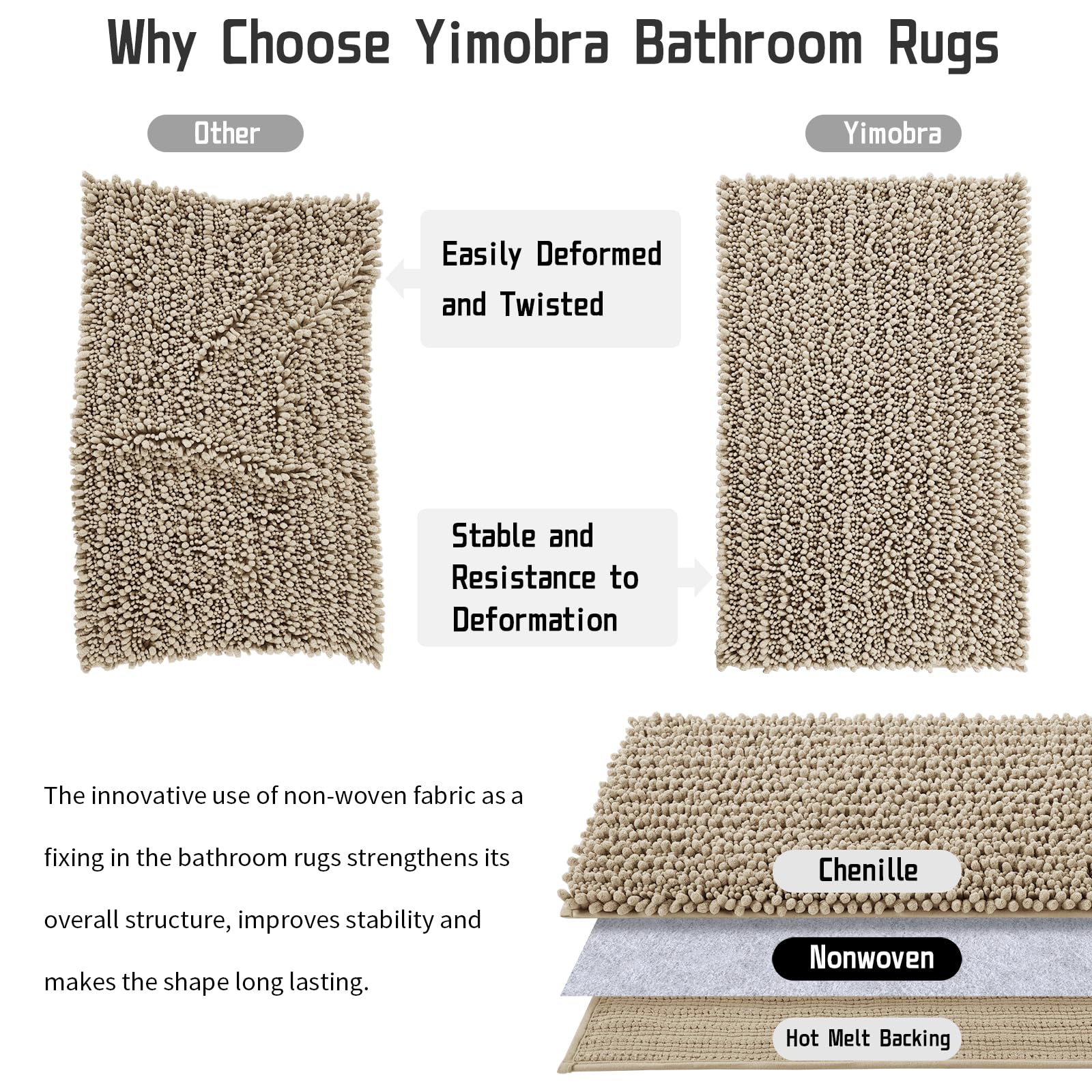 Yimobra Soft Shaggy Bath Mat 36.2 x 24 Inches - Non-Slip, Super Absorbent & Quick Dry Bathroom Rug for Floor - Machine Washable Large Bath Mat in Pale Khaki - Perfect for Bathroom, Shower & Vanity Areas