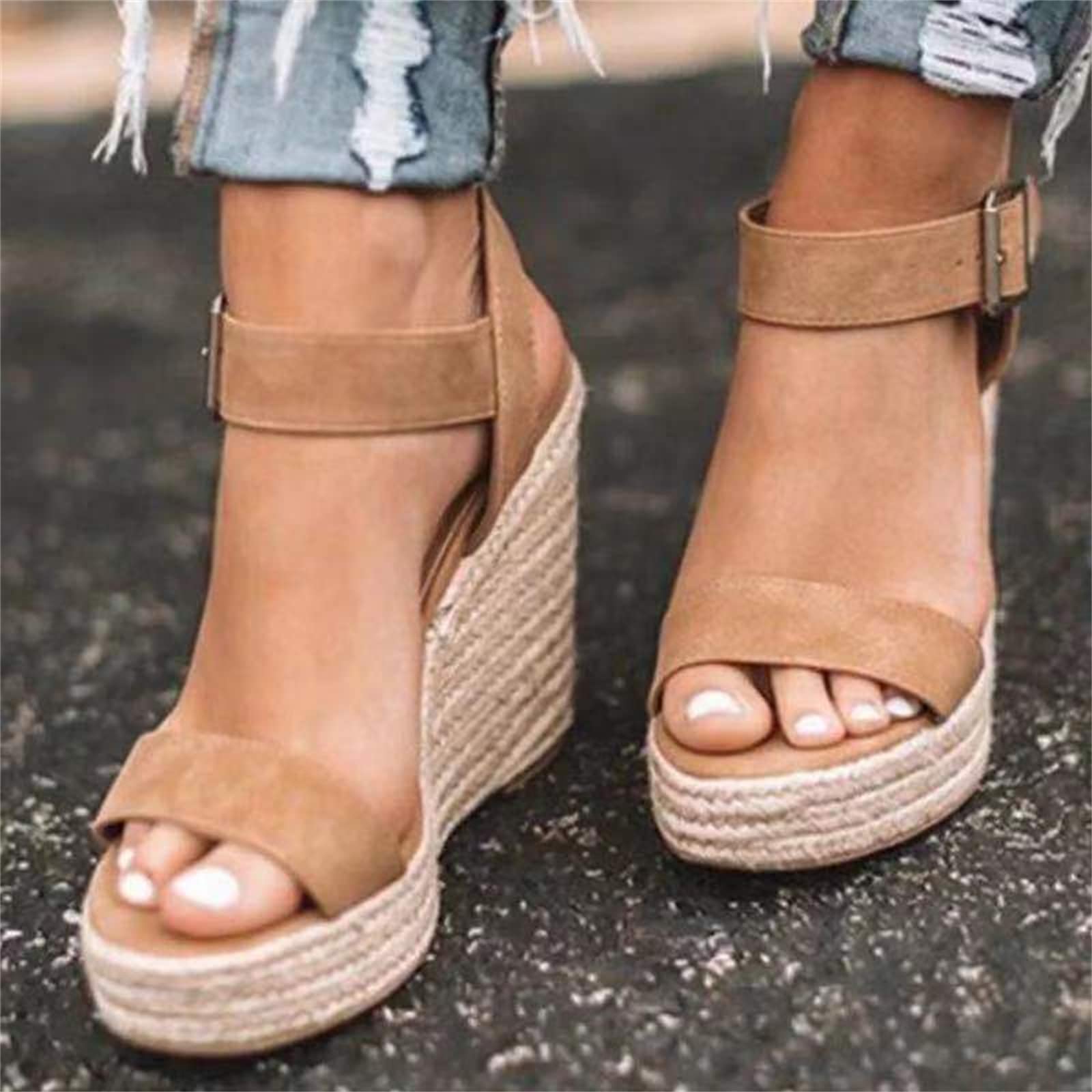 Women's Casual Summer Wedge Sandals - Open Toe Buckle Ankle Strap Beach Platform Shoes for Walking, Vacation & Outdoor Activities