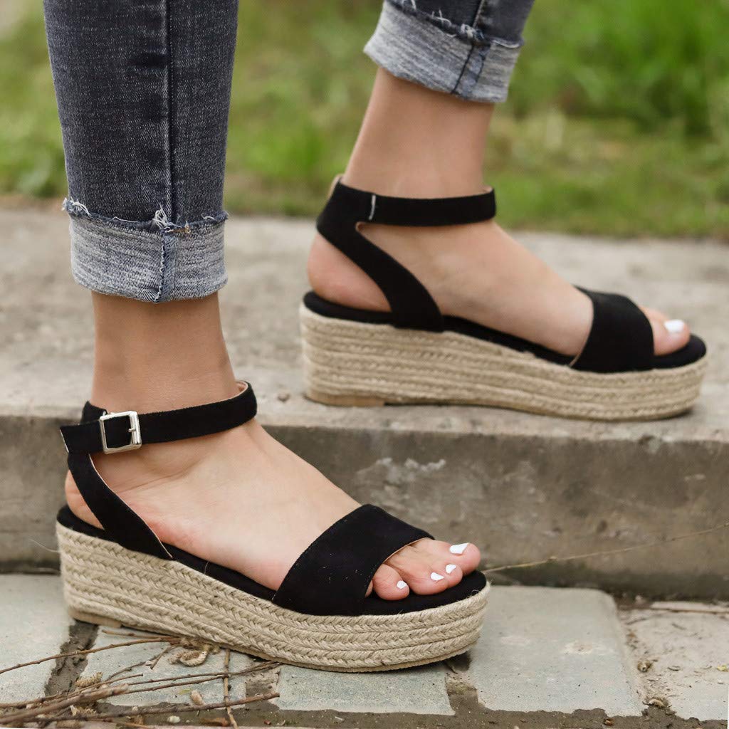 Women's Wide Width Wedge Sandals with Ankle Buckle - 2020 Fashion Summer Beach Sandals, Open Toe Espadrille Platform Shoes for Casual Outings & Vacation Wear
