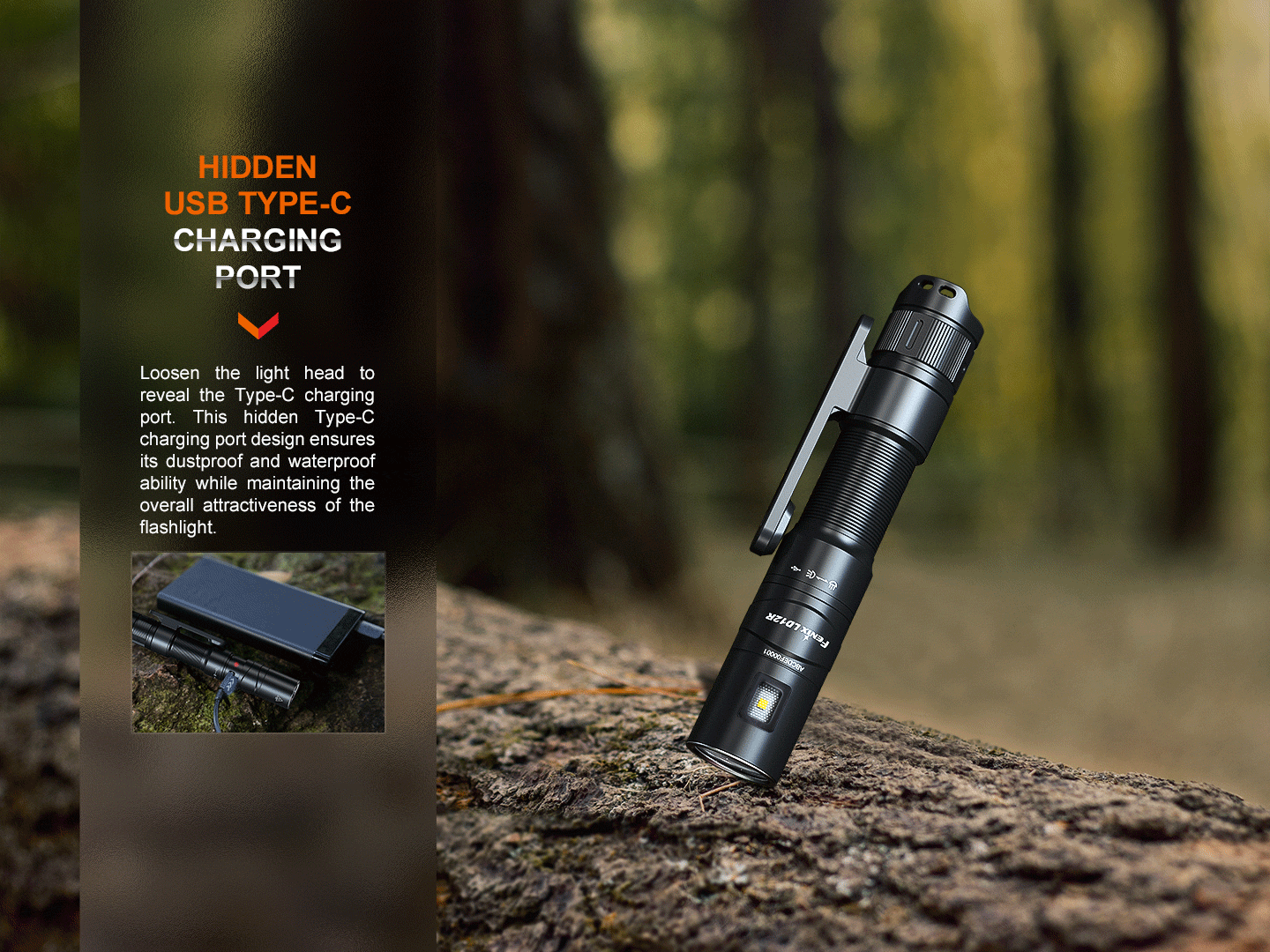 Fenix LD12R Rechargeable Dual Light Flashlight - 300 Lumens, Compact EDC Flashlight for Camping, Hiking & Emergency Use