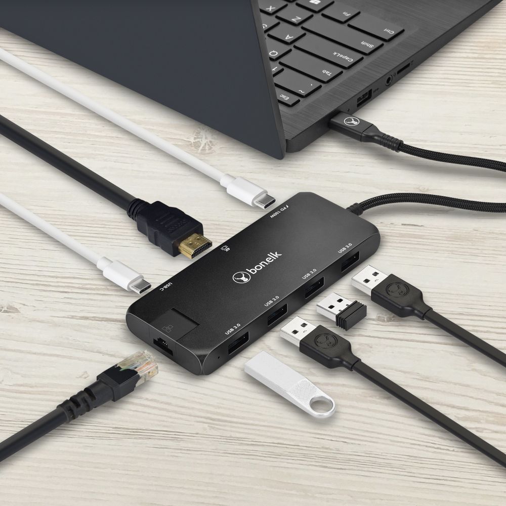 Bonelk 8-in-1 USB C Hub with 4K HDMI, USB 3.0, SD/TF Card Reader, PD Charging - Perfect for MacBook Pro/Air, iPad Pro, Chromebook & More (Home Office, Travel, Gaming)