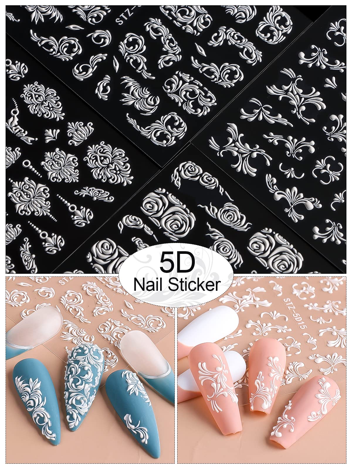 EBANKU 8 Sheets 5D White Flower Nail Stickers, Floral Nail Art Decals for Women and Girls - Perfect for DIY Nail Design, Parties, and Special Occasions
