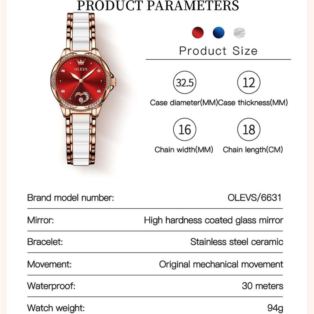 OLEVS Rose Gold Women's Automatic Watch with Two-Tone Stainless Steel & Ceramic Bracelet, Diamond-Accented Self-Winding Ladies Watch - Red/Blue/White Dial (No Battery Required) | Perfect for Office, Party & Everyday Wear
