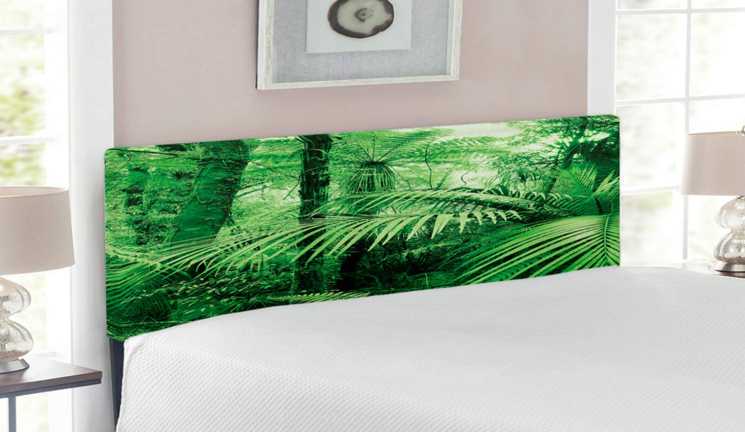 Ambesonne Queen Size Upholstered Headboard - Tropical Rainforest Theme with Palm Trees & Exotic Plants, Green Decorative Metal Bed Headboard with Memory Foam | Perfect for Jungle-Themed Bedrooms, Guest Rooms & Nature-Inspired Home Decor