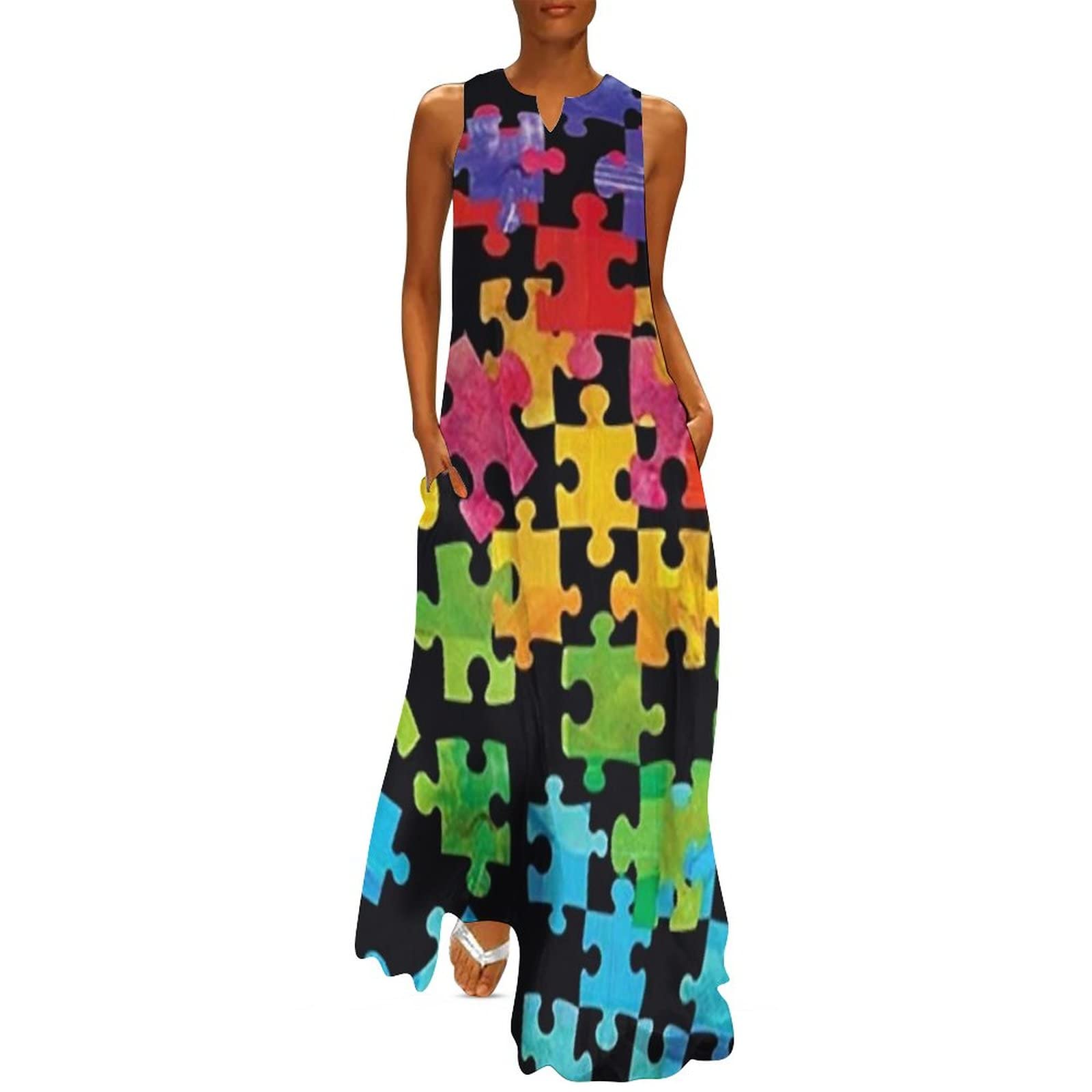 Women's Summer Casual Sleeveless Maxi Dresses - Lightweight Flowy Long Dress for Beach, Vacation & Autism Awareness Day