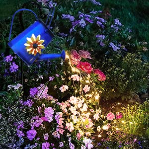 Solar Powered Blue Watering Can with LED Waterfall Lights - 60 LED Garden Decor for Yard, Path, Christmas Holiday Decoration - Includes Shepherd Hook - Perfect for Outdoor Patio, Lawn, and Seasonal Festive Lighting