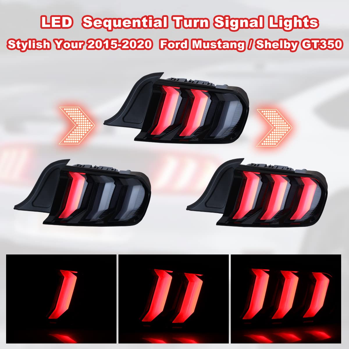 Winjet LED Tail Lights Assembly for 2015-2020 Ford Mustang - Full LED Sequential Turn Signal Lights (Smoke) - Driver & Passenger Side Replacement - Upgrade Your Mustang's Style & Visibility for Night Driving & Car Shows