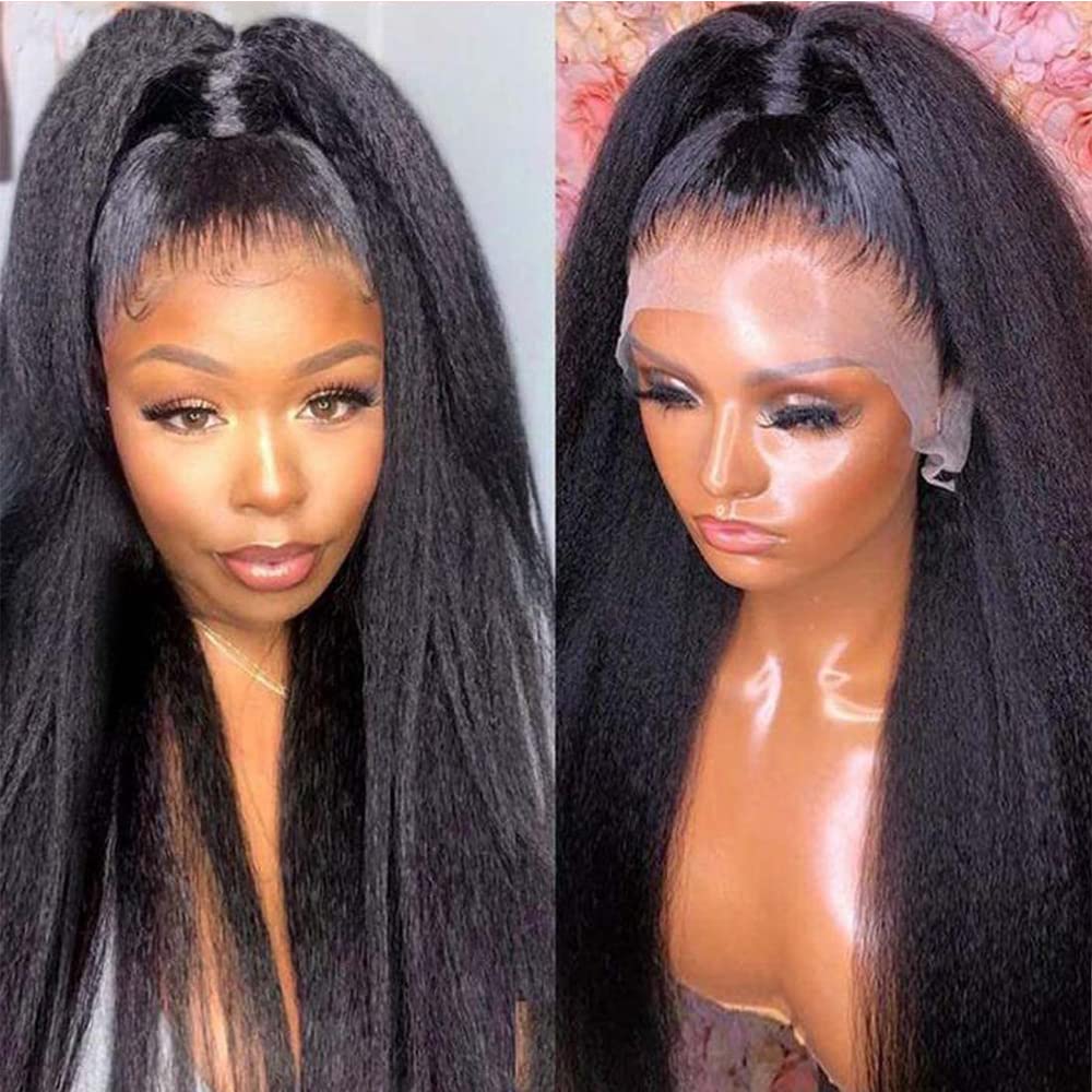 360 Lace Front Wigs Human Hair - 16 Inch Kinky Straight 360 Frontal Wigs for Black Women | 180% Density Yaki Straight Full Lace Wig with Baby Hair | Natural Color | Perfect for Daily Wear, Parties & Special Occasions