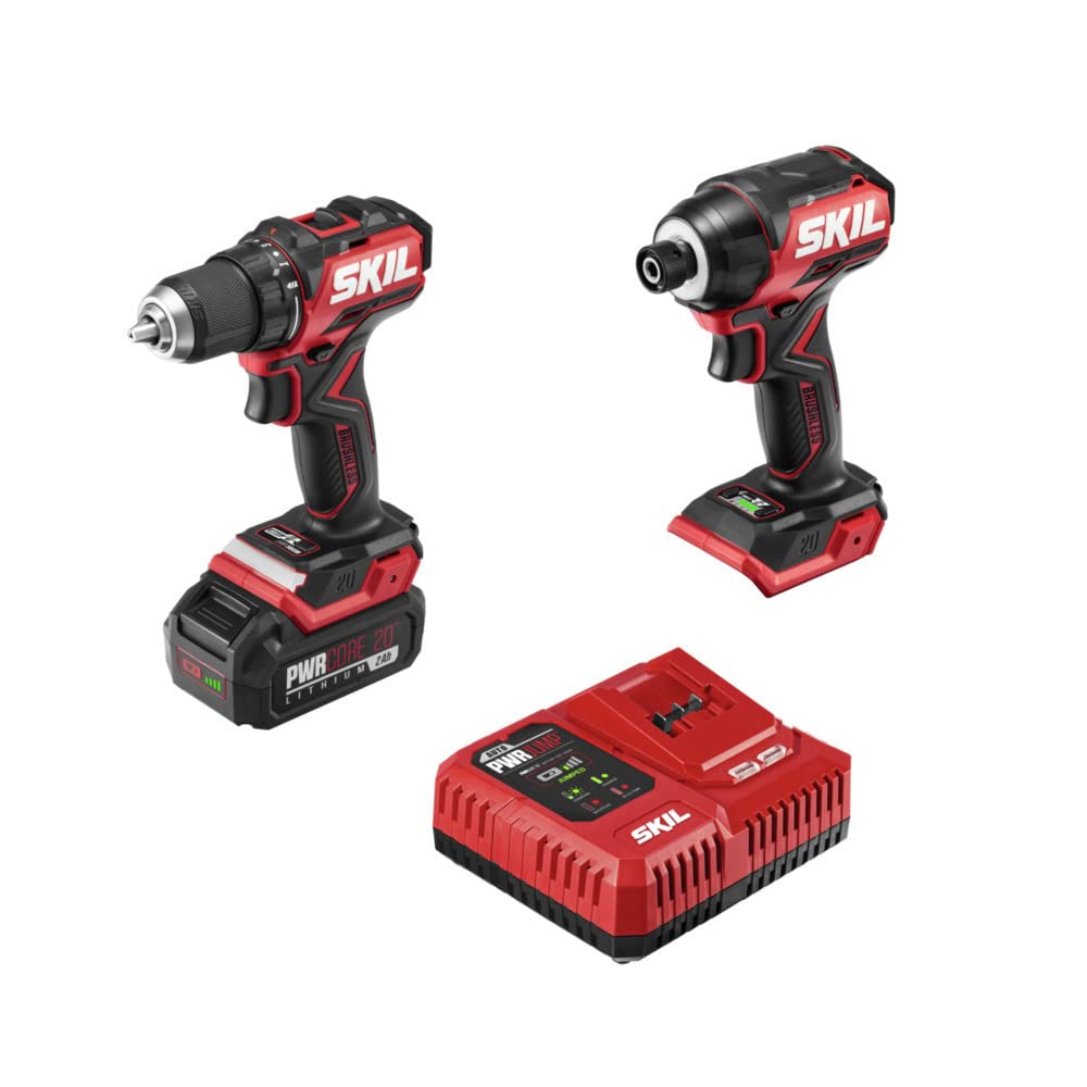 Skil PWR CORE 20 Brushless 20V Cordless Drill Driver & Impact Driver Kit with 2.0Ah Battery & Fast Charger (CB8437B-10) - Perfect for DIY Projects, Home Repairs, and Professional Construction Work