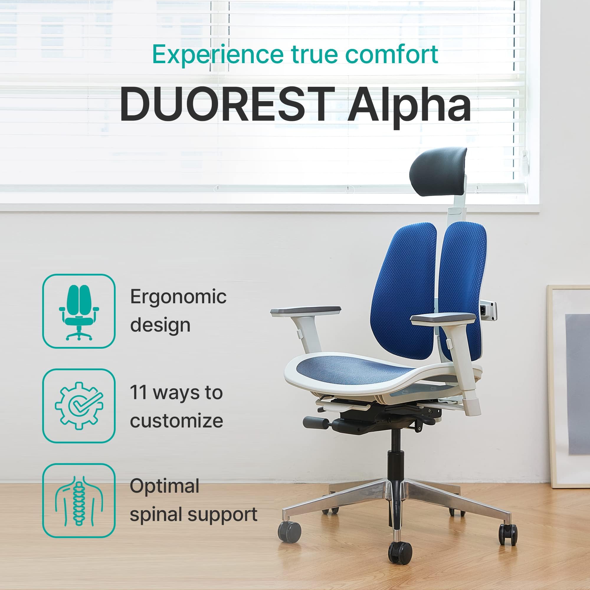 Duorest Alpha Ergonomic Office Chair - Dual Backrest Design for Lower Back Pain Relief, Adjustable Mesh Executive Chair for Home & Office Workspace (White/Blue) - Perfect for Long Hours Sitting, Gaming & Remote Work