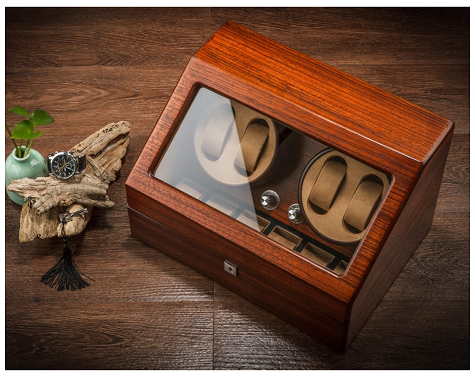 Luxury Wooden Automatic Watch Winder Display Case - 4+6 Watch Storage Box with Safety Lock, Quiet Japanese Mabuchi Motor, Flexible Watch Pillows & 4 Rotation Modes - Perfect Gift for Watch Collectors & Display (Ideal for Home, Office or Travel Use)