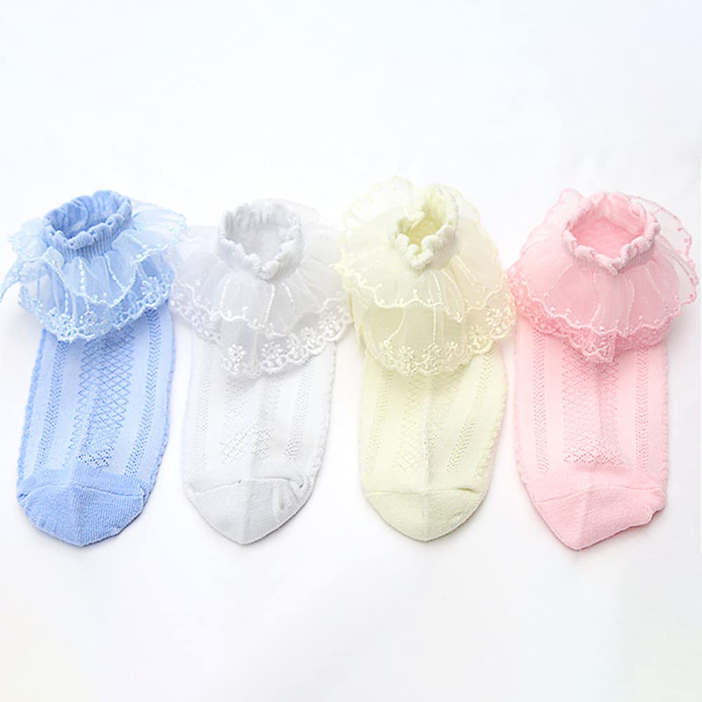 4/5 Pairs Baby Toddler Girls Ruffle Lace Socks - Eyelet White Princess Cotton Cute Frilly Dress Socks for Kids 1-9T - Perfect for Birthday Parties, Photo Shoots & Special Occasions