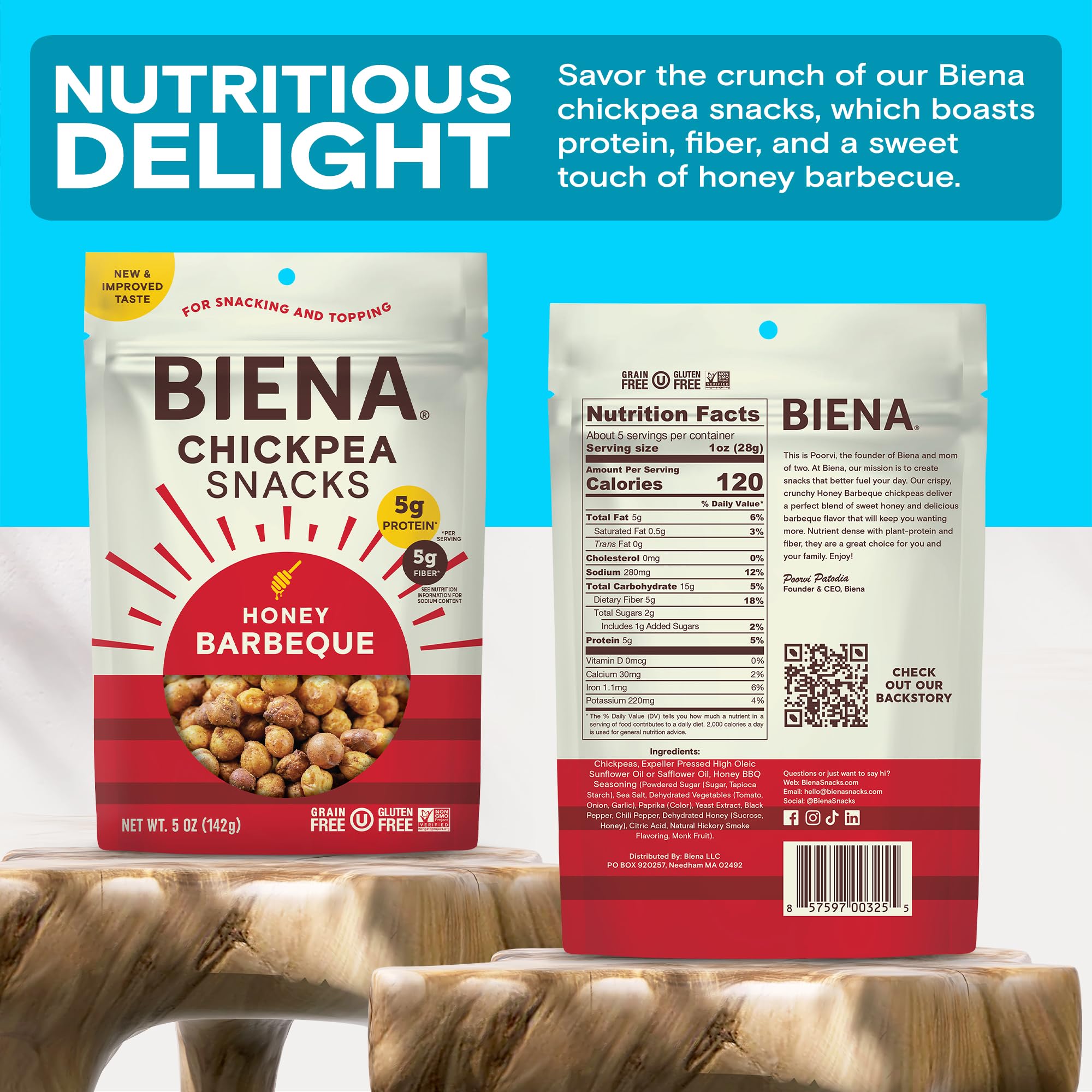 BIENA Crunchy Roasted Chickpea Snacks - High Protein & Fiber Healthy Snack for Adults & Kids - 4 Pack (5oz Bags) - Barbecue Flavor - Perfect for On-the-Go, School Lunches & Office Snacking