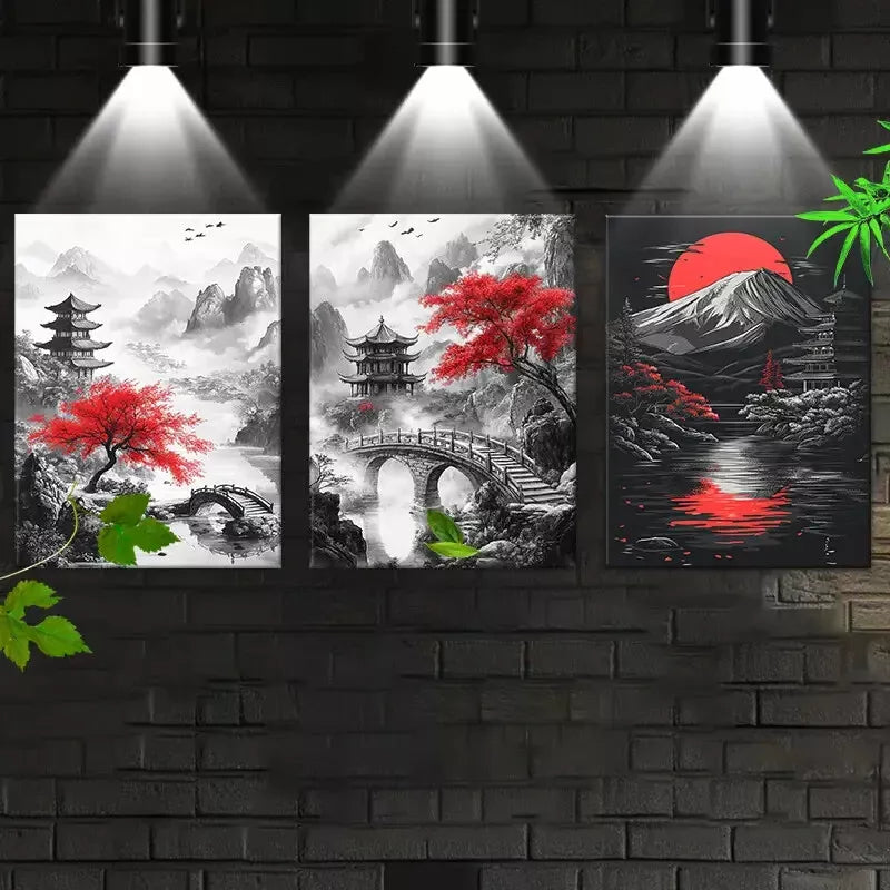 3-Piece Red Tree Bridge and Mountain Landscape Art Set - 50x70cm Framed Canvas Wall Art, High-Quality Print, 100% Australian Made, Ready to Hang - Perfect for Living Room, Bedroom & Office Decor