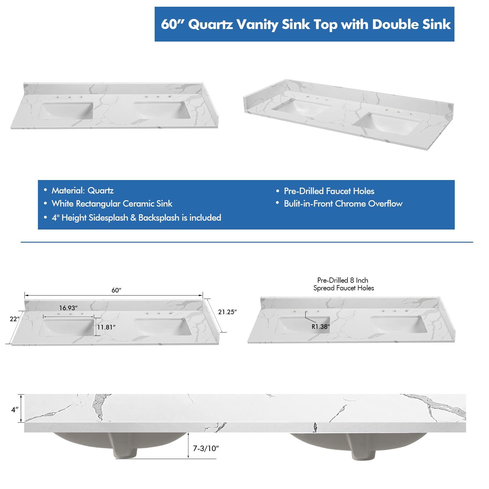 Calacatta Quartz Vanity Top with Double Sink for Bathroom