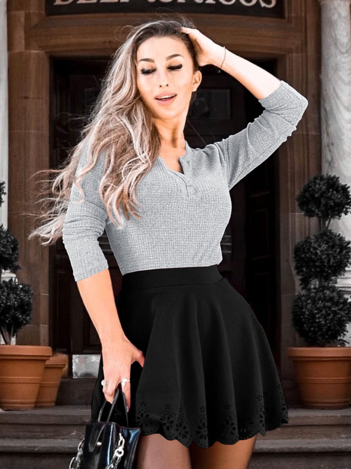 Women's V-Neck Waffle Knit Henley Long Sleeve Pullover Sweater - Casual Loose Fit Blouse for Fall & Winter - Perfect for Office, Date Night and Weekend Outfits