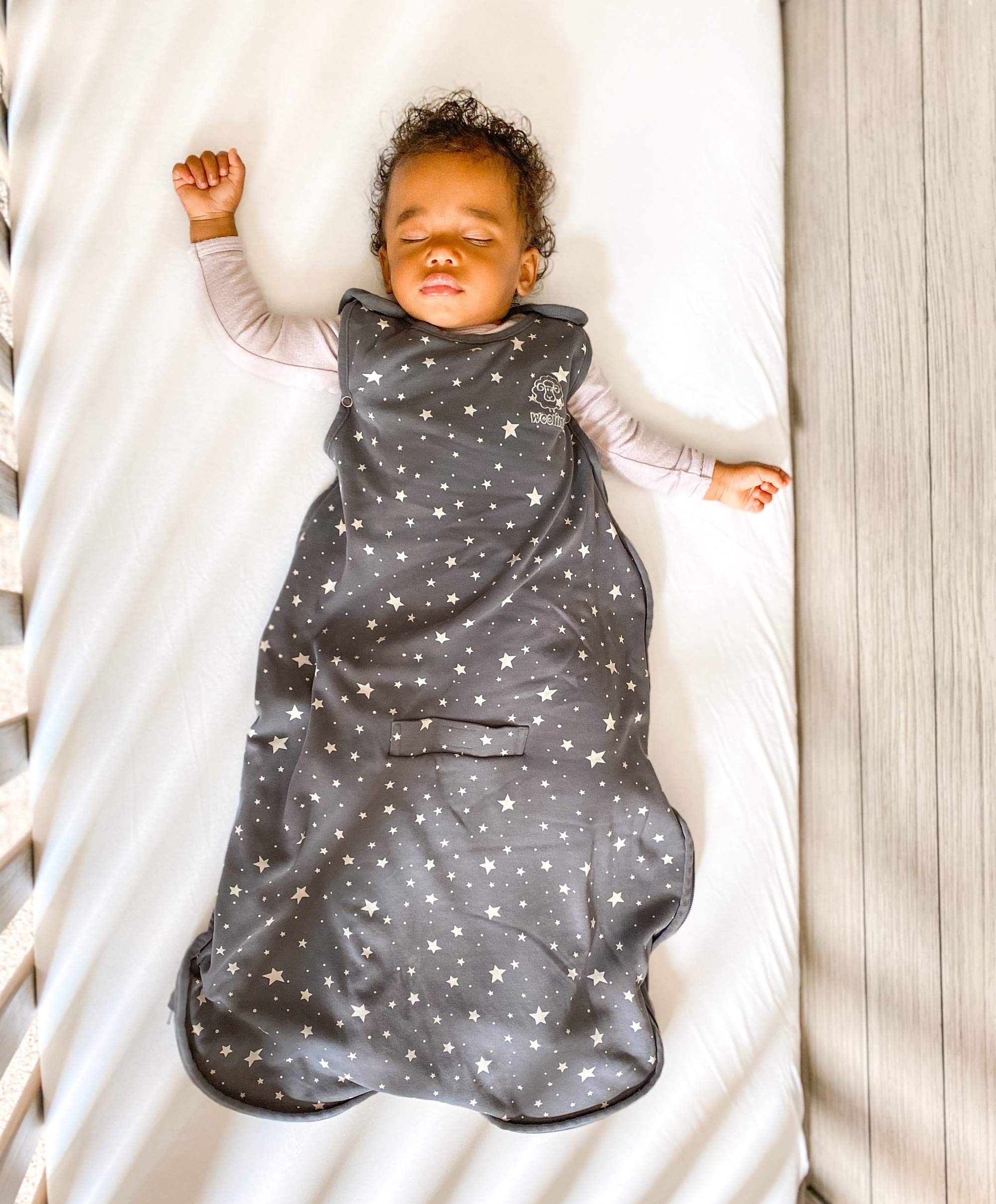 Woolino Merino Wool & Organic Cotton Baby Sleep Sack - 4 Season Adjustable Sleeping Bag with Two-Way Zipper for Infants 2-24 Months (Star Gray) | Perfect for Nursery, Daycare & Travel