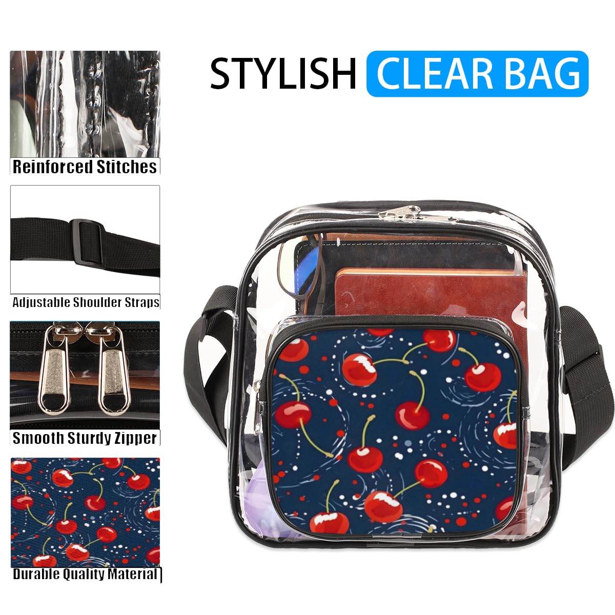 Dotted Cherry Clear Crossbody Purse Bag - Red & Blue Polka Dot Transparent Stadium Bag for Women & Men | Approved for Concerts, Festivals & Sports Events | Perfect for Music Festivals, NFL Games & Theme Parks