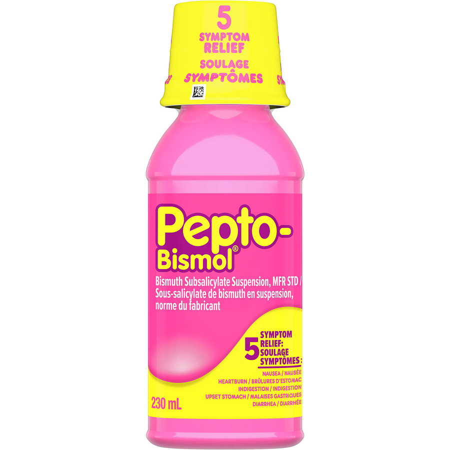 Pepto Bismol Upset Stomach Relief Liquid - 230 mL Bottle for Heartburn, Indigestion & Diarrhea - Travel & Home Use