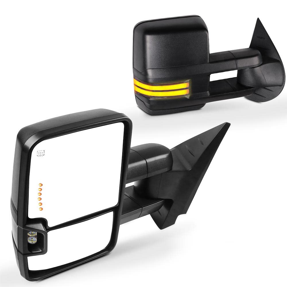 SCITOO Black Towing Mirrors for 2008-2013 Chevy Silverado & GMC Sierra - Power Adjustable Heated LED Turn Signal Running Light Truck Mirrors (Pair LH RH) - Perfect for Towing, Off-Roading & Enhanced Visibility