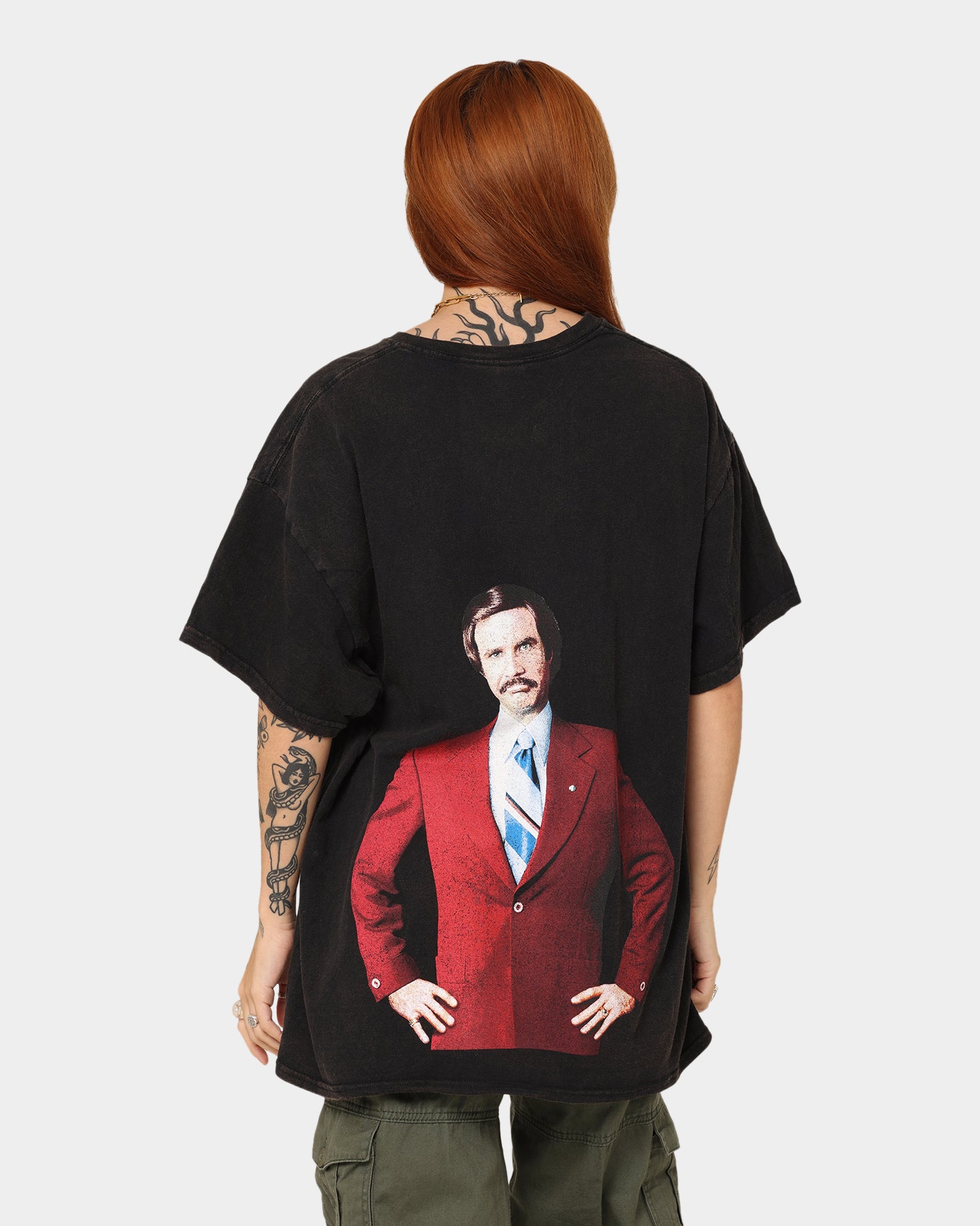 Vintage American Thrift X Anchorman Graphic T-Shirt - Black Washed Cotton Tee for Casual Wear & Movie Fans
