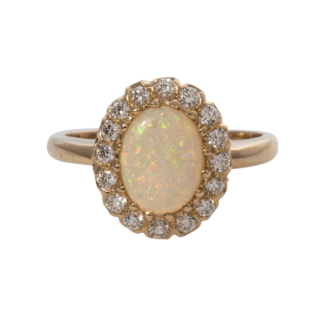 14K Yellow Gold Oval Opal & Diamond Cluster Ring for Women - Elegant Jewelry Gift for Engagement, Anniversary & Special Occasions