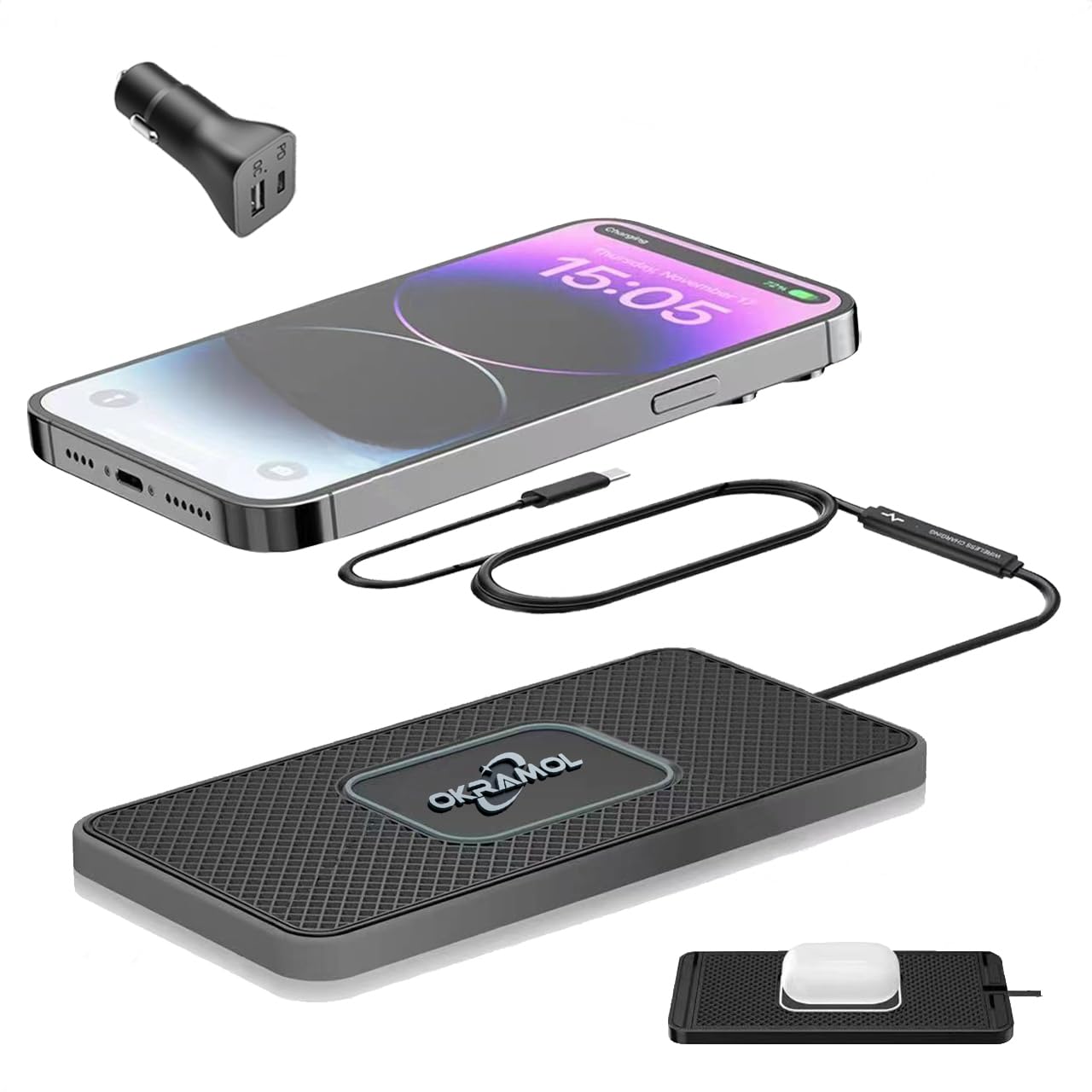 Wireless Car Charger with Type C Fast Charging Pad - Multi-Device Charging Station for iPhone 15/14/13/12 Pro/Max, AirPods & Samsung S20/S21/S22/S23 - Includes 30CM Cable | Perfect for Road Trips & Daily Commute