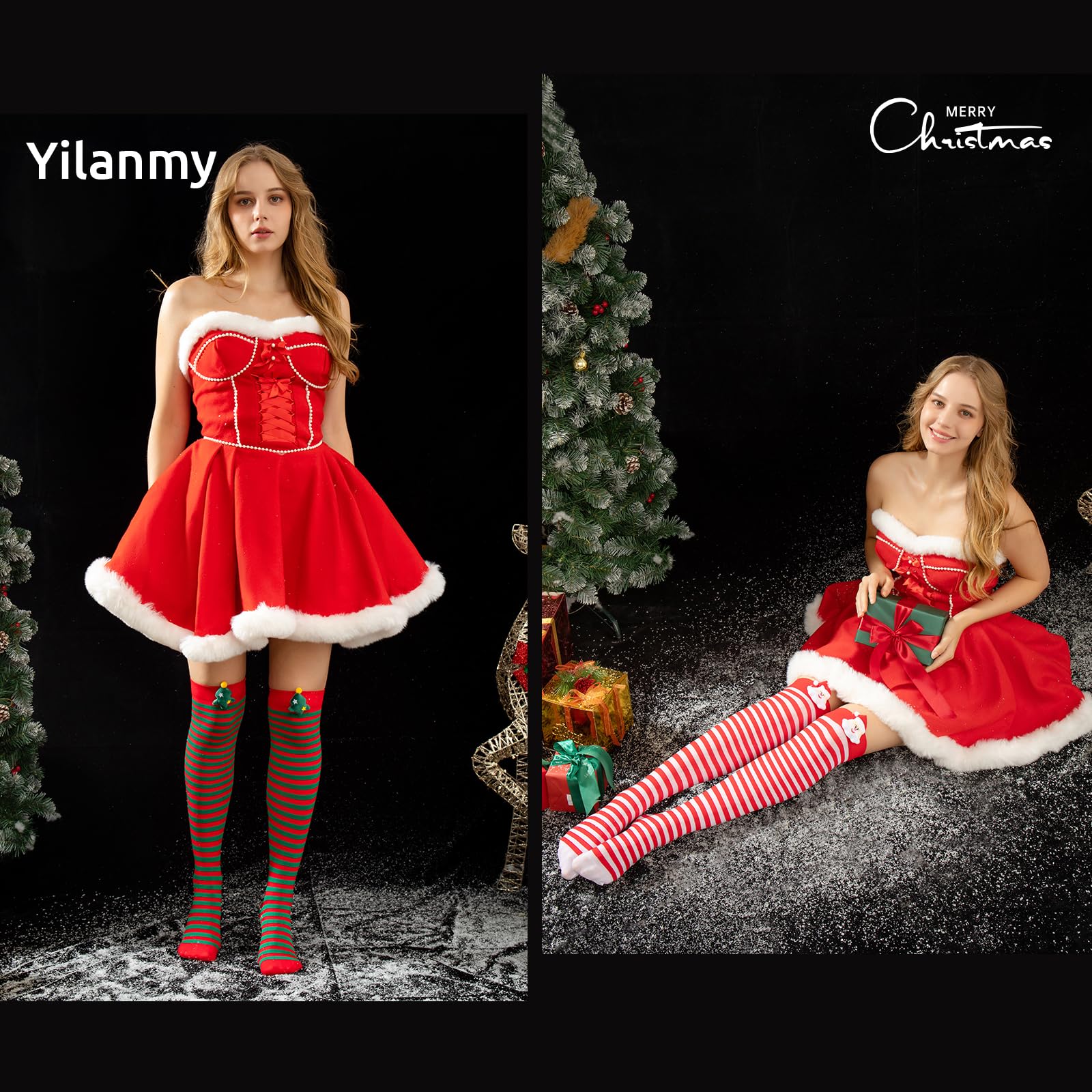 Festive Striped Christmas Thigh High Socks with Bow - Candy Cane Knee High Stockings for Holiday Parties, Gift Exchange & Winter Fashion