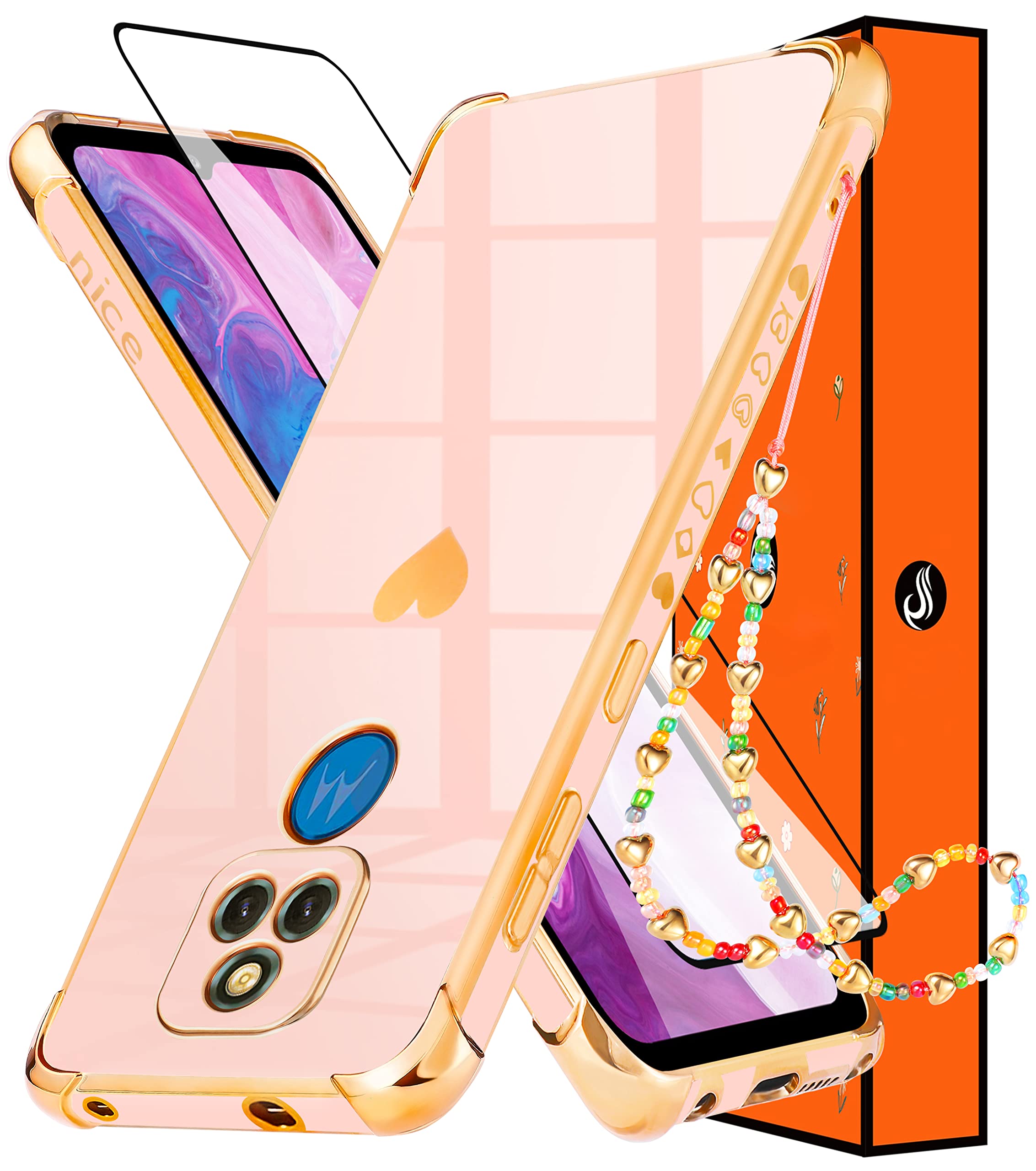 3-in-1 Heart Pattern Phone Case for Motorola Moto G Play 2021 (6.5 Inch) - Cute Aesthetic Love Hearts Design with Gold Chain - Luxury Girly Protective Cover + Screen Protector | Perfect Gift for Girls & Women, Ideal for Daily Use, Parties & Travel
