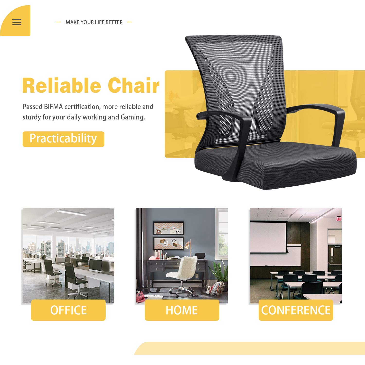 Ergonomic Mesh Office Chair with Lumbar Support - Adjustable Mid Back Computer Desk Chair, Swivel Rolling Task Chair with Armrest for Home & Office Use (Black) - Perfect for Long Work Hours, Gaming & Study Sessions