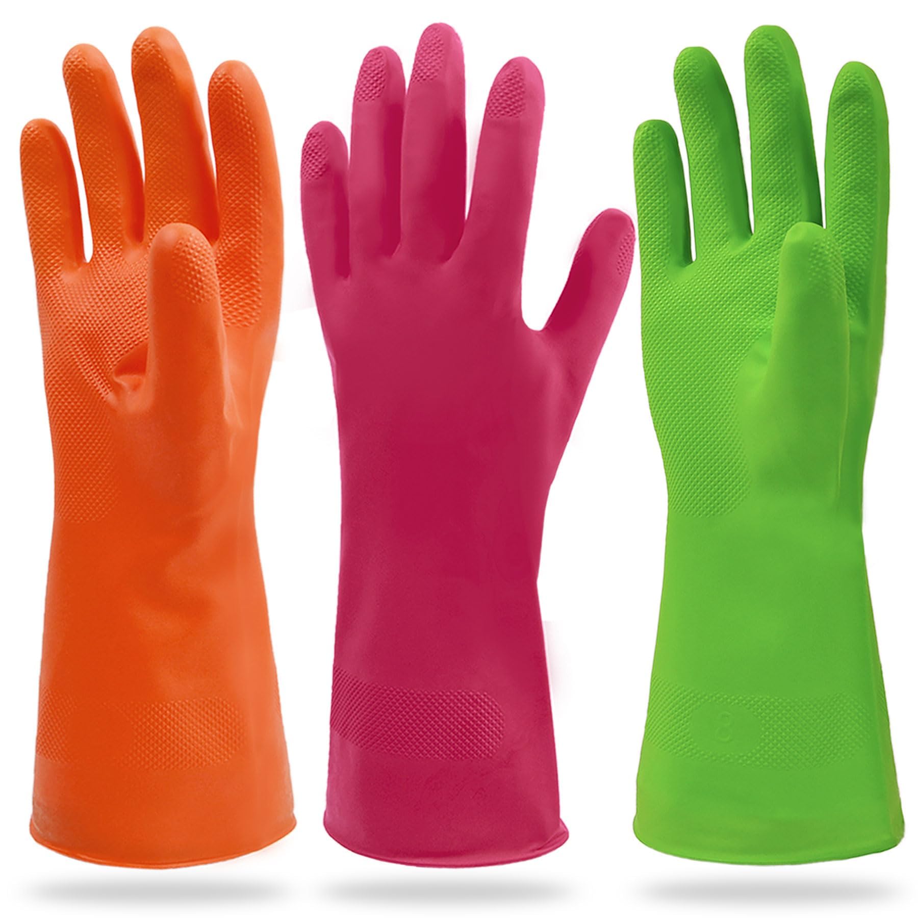 Cleanbear Synthetic Rubber Gloves - Medium Size (11.8 Inches) - 3 Pairs in 3 Colors - Durable Household Cleaning Gloves for Dishwashing, Kitchen Cleaning & Home Chores - Perfect for Washing Dishes, Mopping Floors & Gardening Tasks