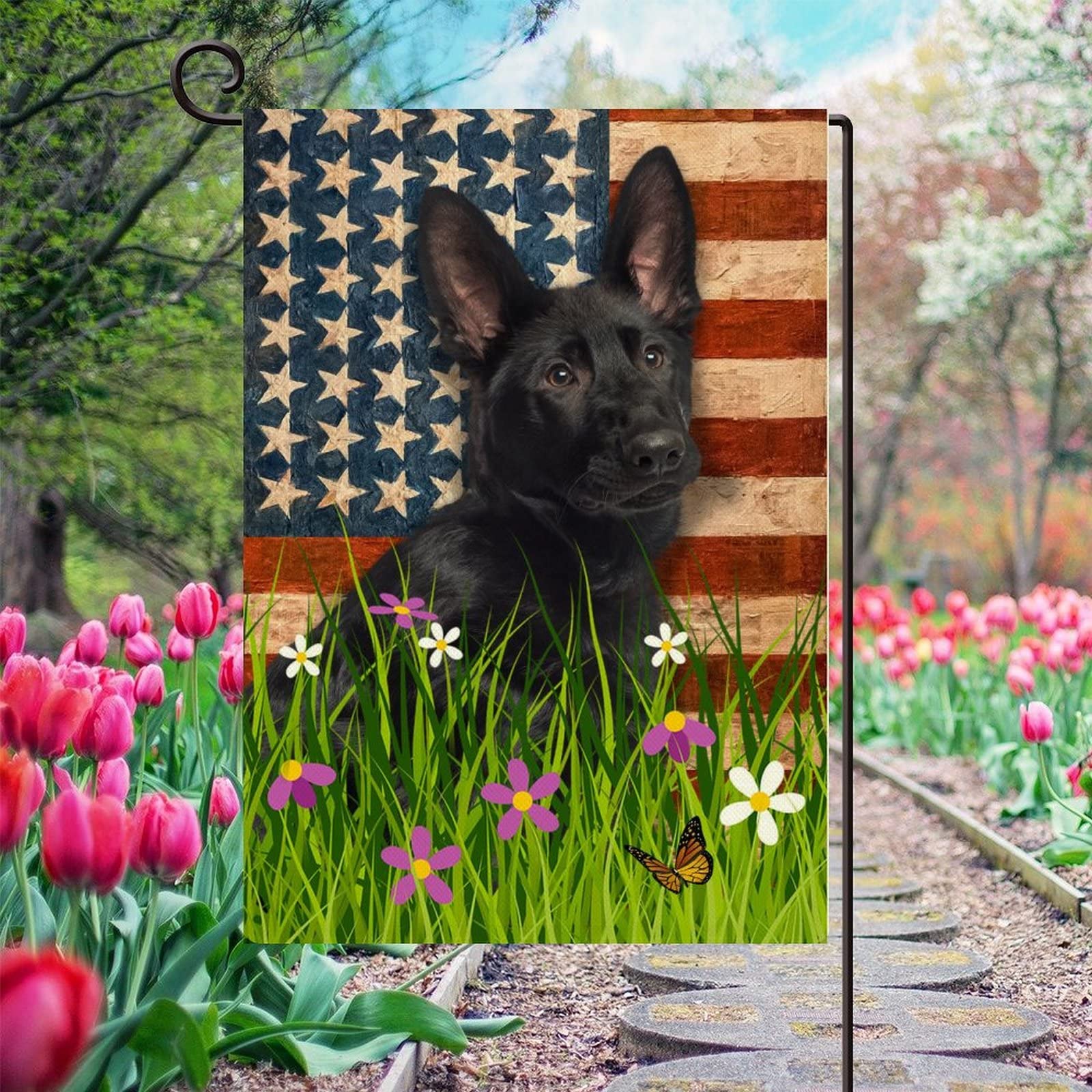 Double-Sided American Flag with Mudi Dog - 12.5x18.5 Inch Vertical Burlap Garden Flag for Outdoor Decor, Yard, Farmhouse & Seasonal Holidays | Perfect for Patriotic Displays, Front Porch Welcome Signs & Backyard Parties