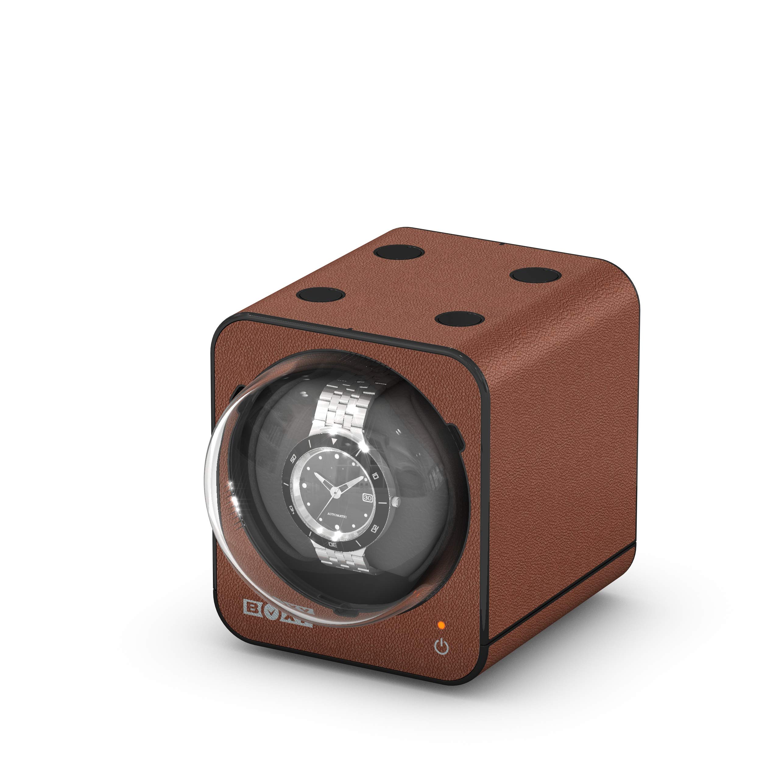 Premium Boxy Taiwan-Made Fancy Brick Watch Winder - Genuine Brown Leather Case (No Adapter Included) | Automatic Watch Storage & Display for Men's Luxury Timepieces | Perfect for Home, Office & Travel Use