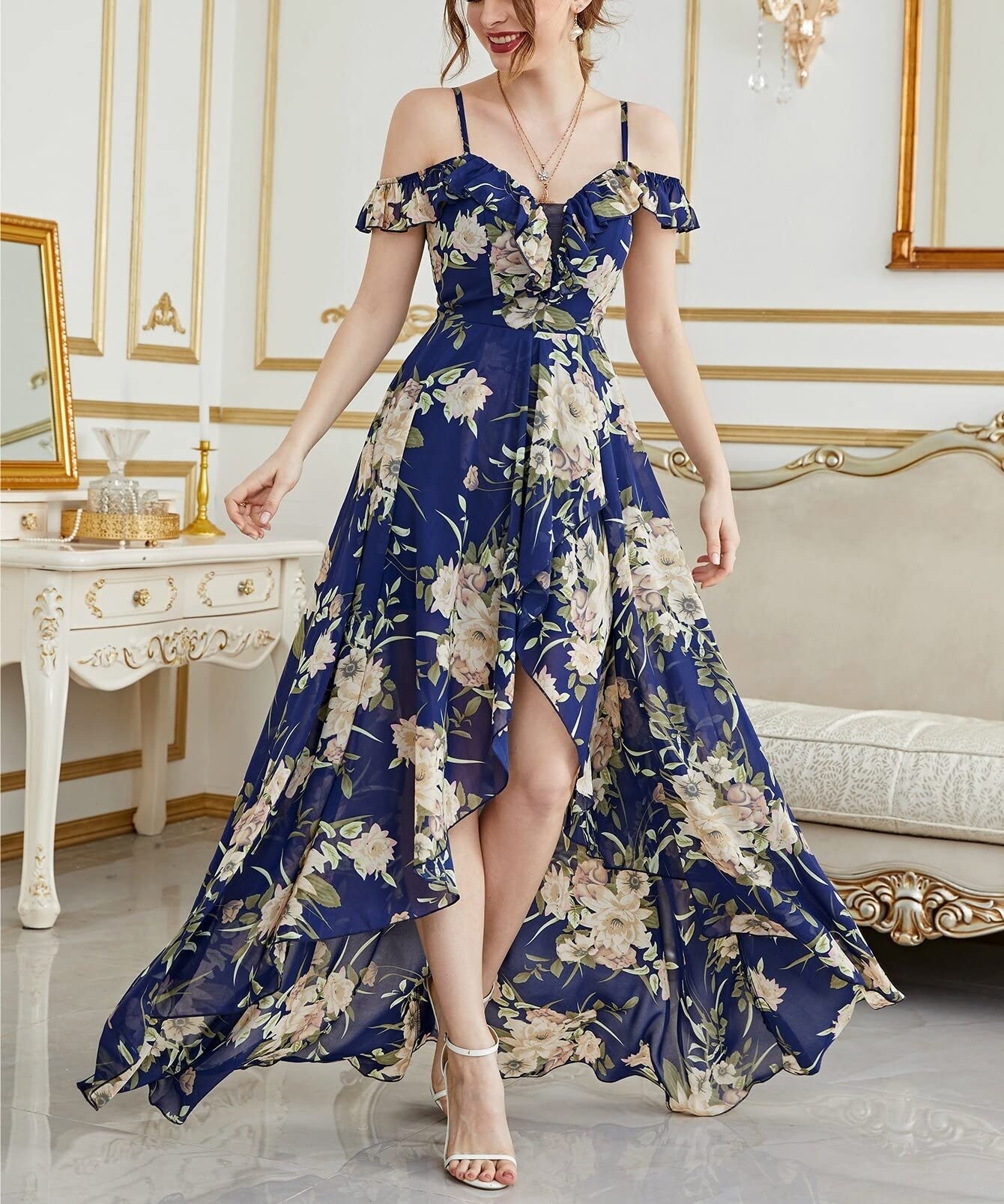 HAOSHU Women's Cold Shoulder High-Low Asymmetrical Hem Floral Summer Dress - Navy Blue Beach Party & Casual Wear for Outdoor Events, Vacations & Date Nights
