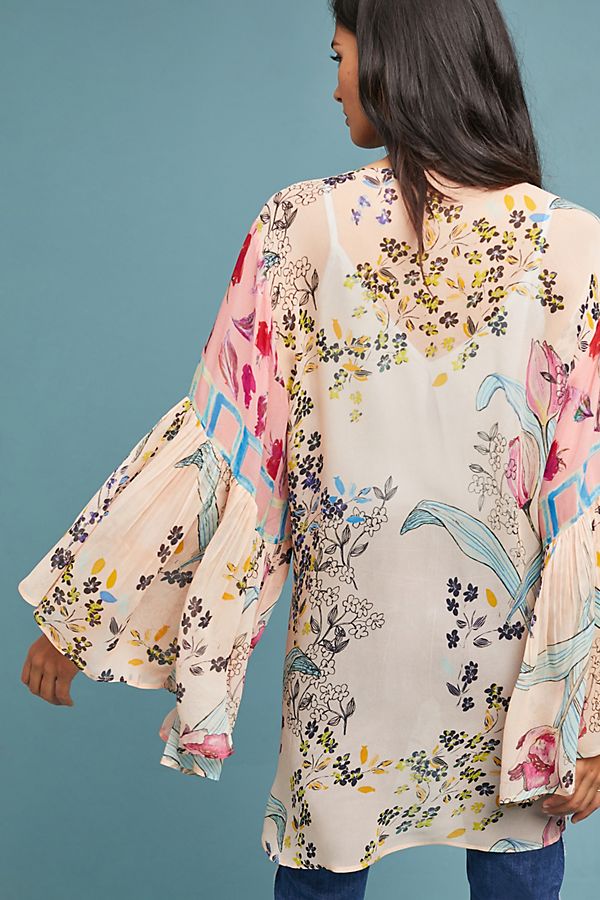Elegant Floral Print Kimono with Ruffle Sleeves - Boho Chic Cover Up for Beach, Pool, or Summer Outfits