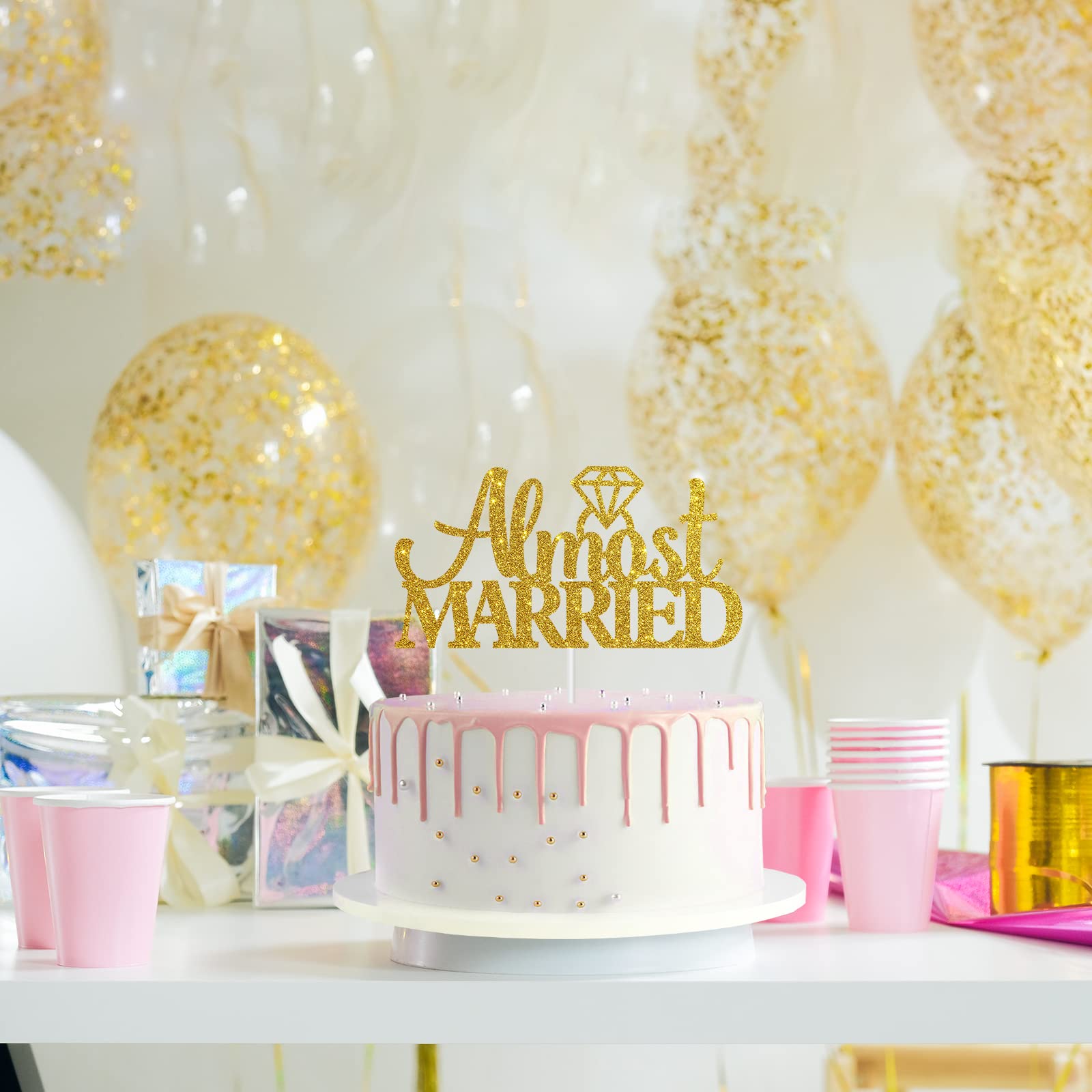 Gold Glitter Almost Married Cake Topper - Wedding Cake Decoration for Engagement, Bridal Shower & Just Married Parties | Elegant Cake Topper for Wedding Cakes, Anniversary Cakes & Celebration Desserts