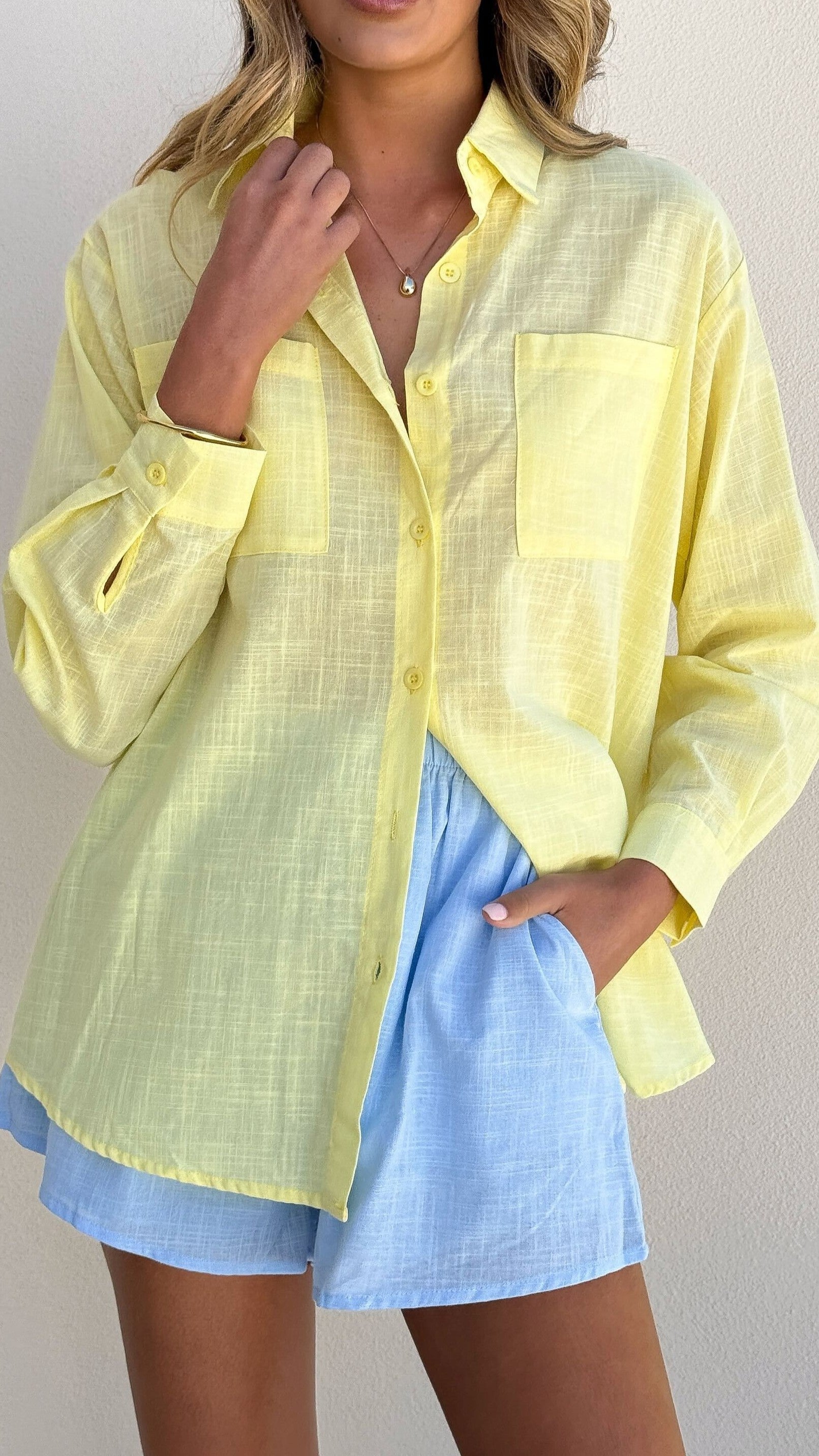 Jamie Long Sleeve Top and Shorts Set for Women - Yellow & Blue Two-Tone Outfit | Casual Loungewear, Sleepwear & Home Comfort Wear