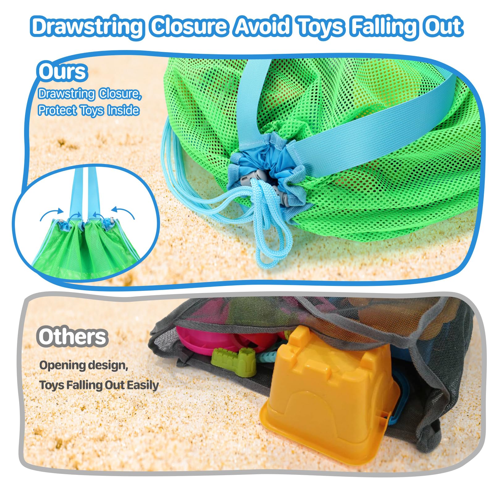 Extra Large Mesh Beach Toy Bag With Drawstring - Lightweight Sand Toy Storage Tote for Kids, Travel Essentials Organizer for Pool, Park & Vacation - Neon Green