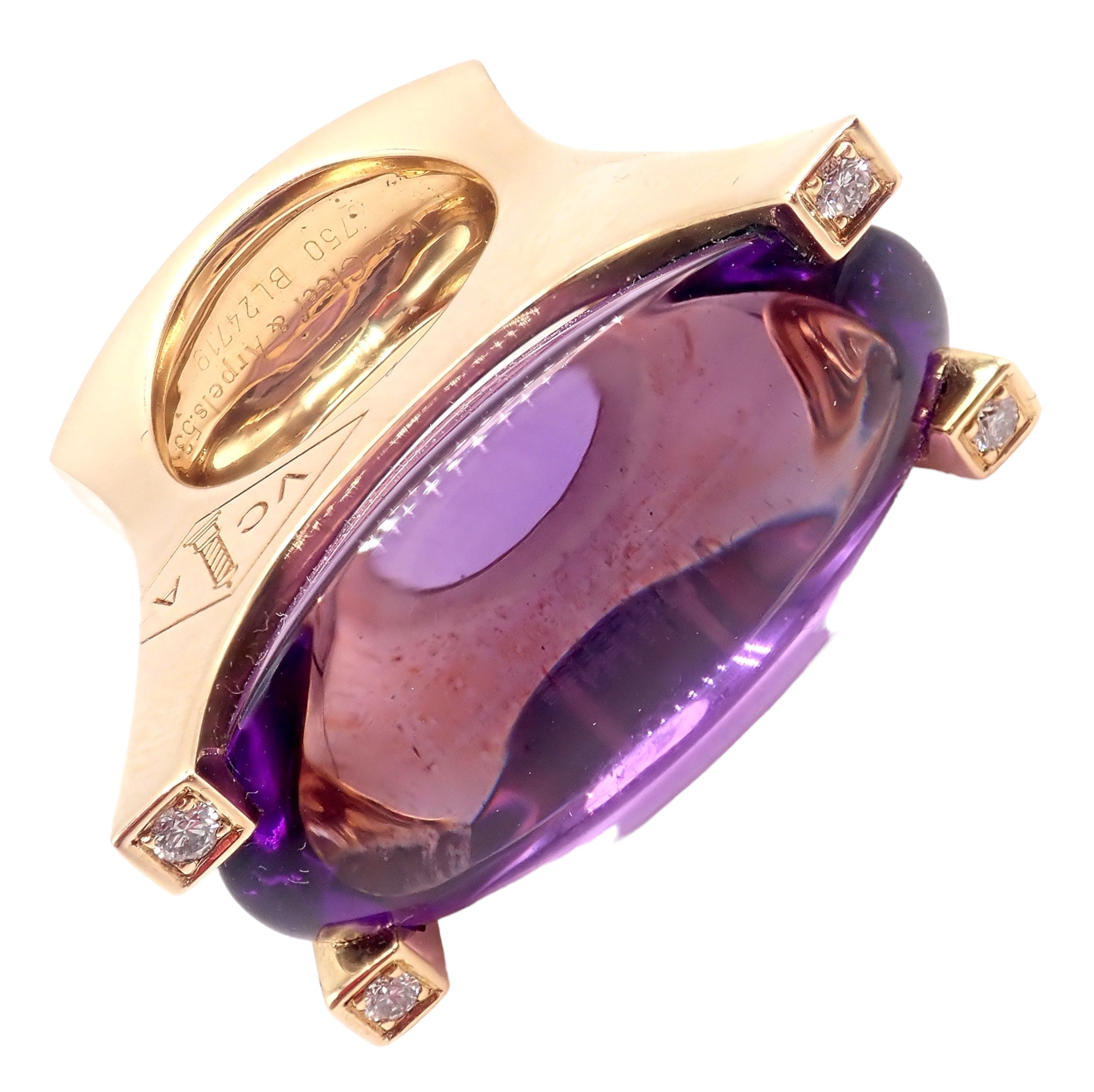 Authentic Van Cleef & Arpels 18k Yellow Gold Diamond Large Amethyst Ring for Women | Luxury Jewelry Gift for Anniversary, Engagement & Special Occasions