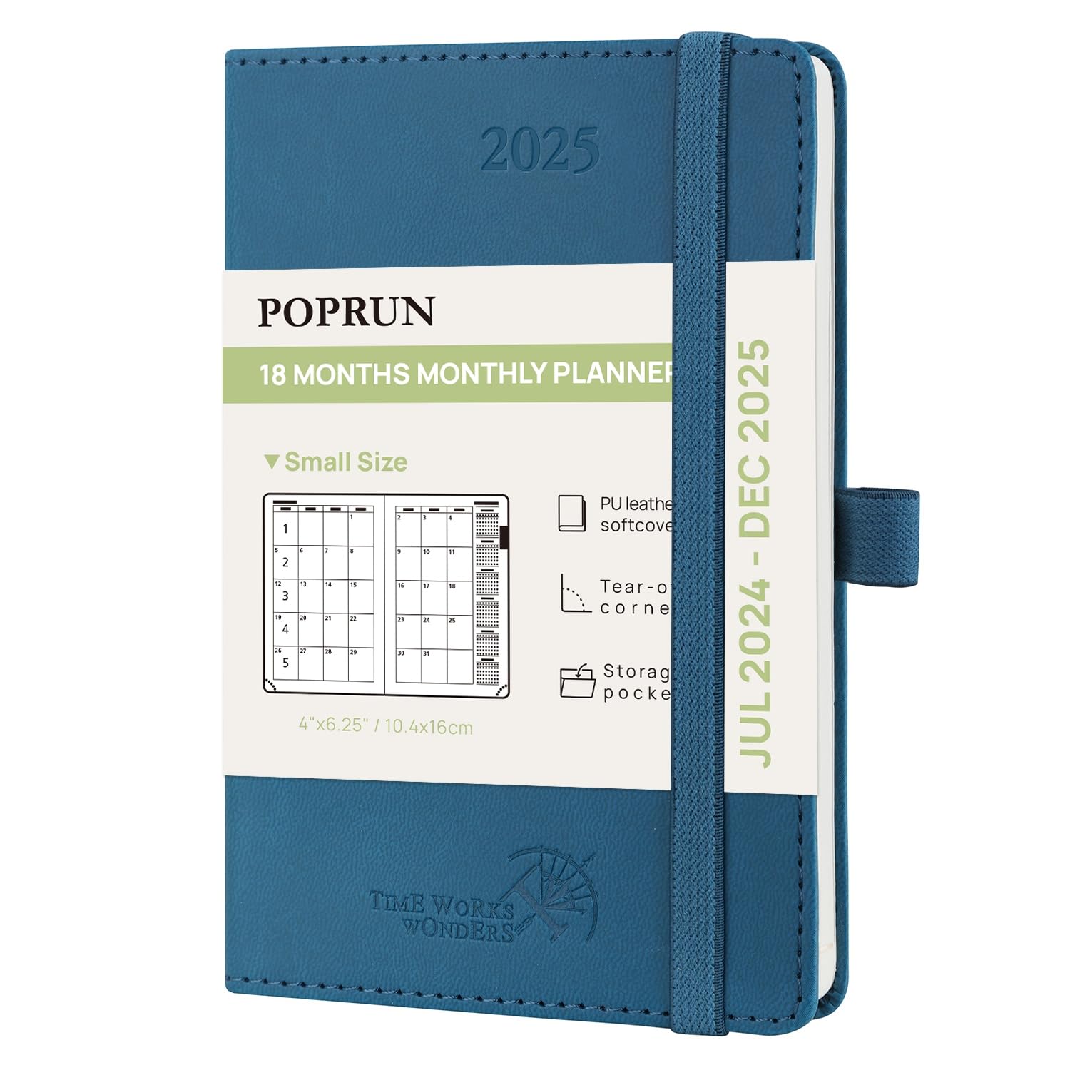 POPRUN 2025 Monthly Pocket Planner - July 2024 to December 2025, 6.3 x 4.1 Inch Small Leather PU Cover School Agenda with Foldable Pocket & 100 g/m² Certified Paper - Navy Blue | Perfect for Students, Professionals & Daily Organization