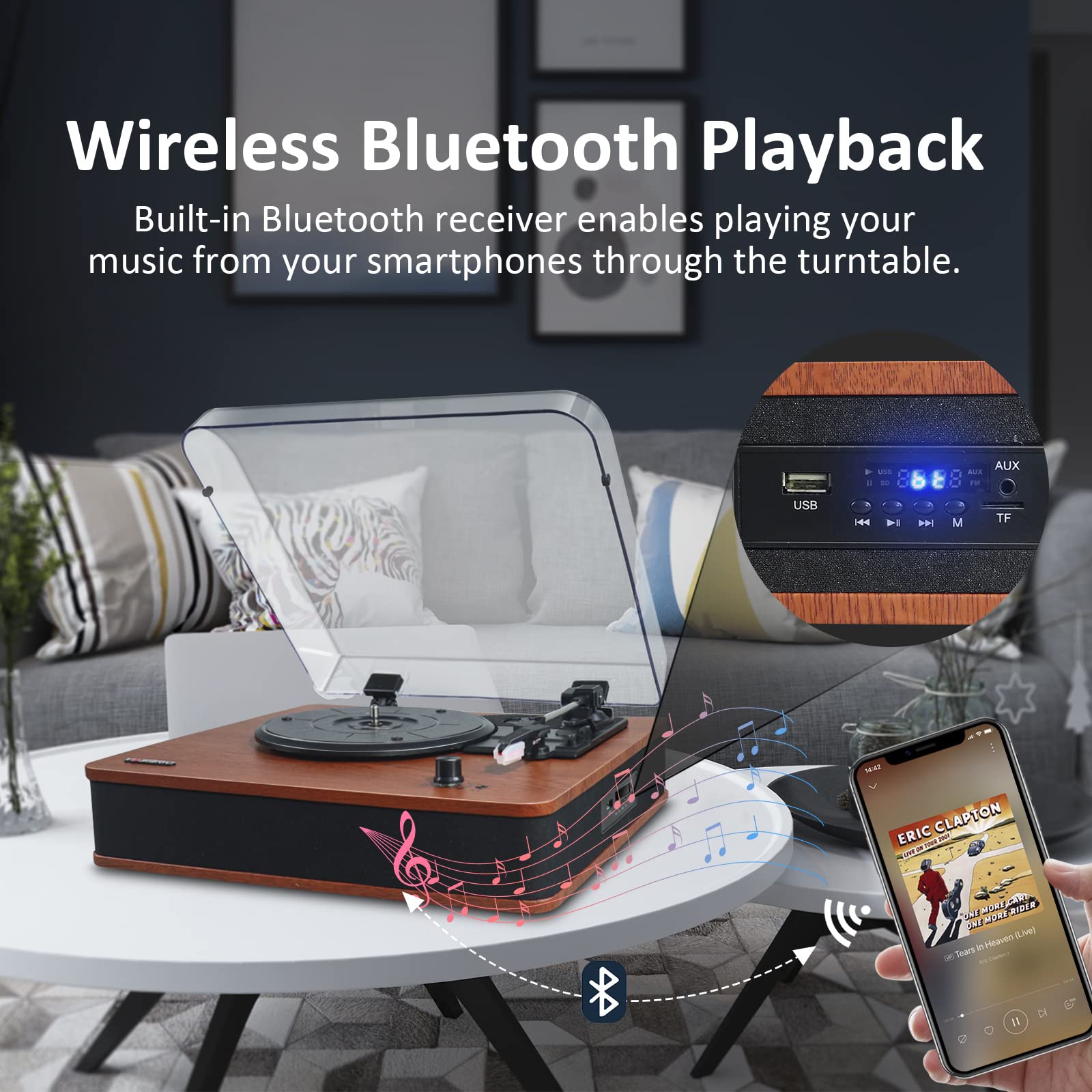 VOSTERIO Bluetooth Record Player - Wireless Turntable with Built-in Speakers, USB/TF Card Playback & Recording, FM Radio, LED Display - Perfect for Home Entertainment, Vinyl Collection & Retro Music Lovers